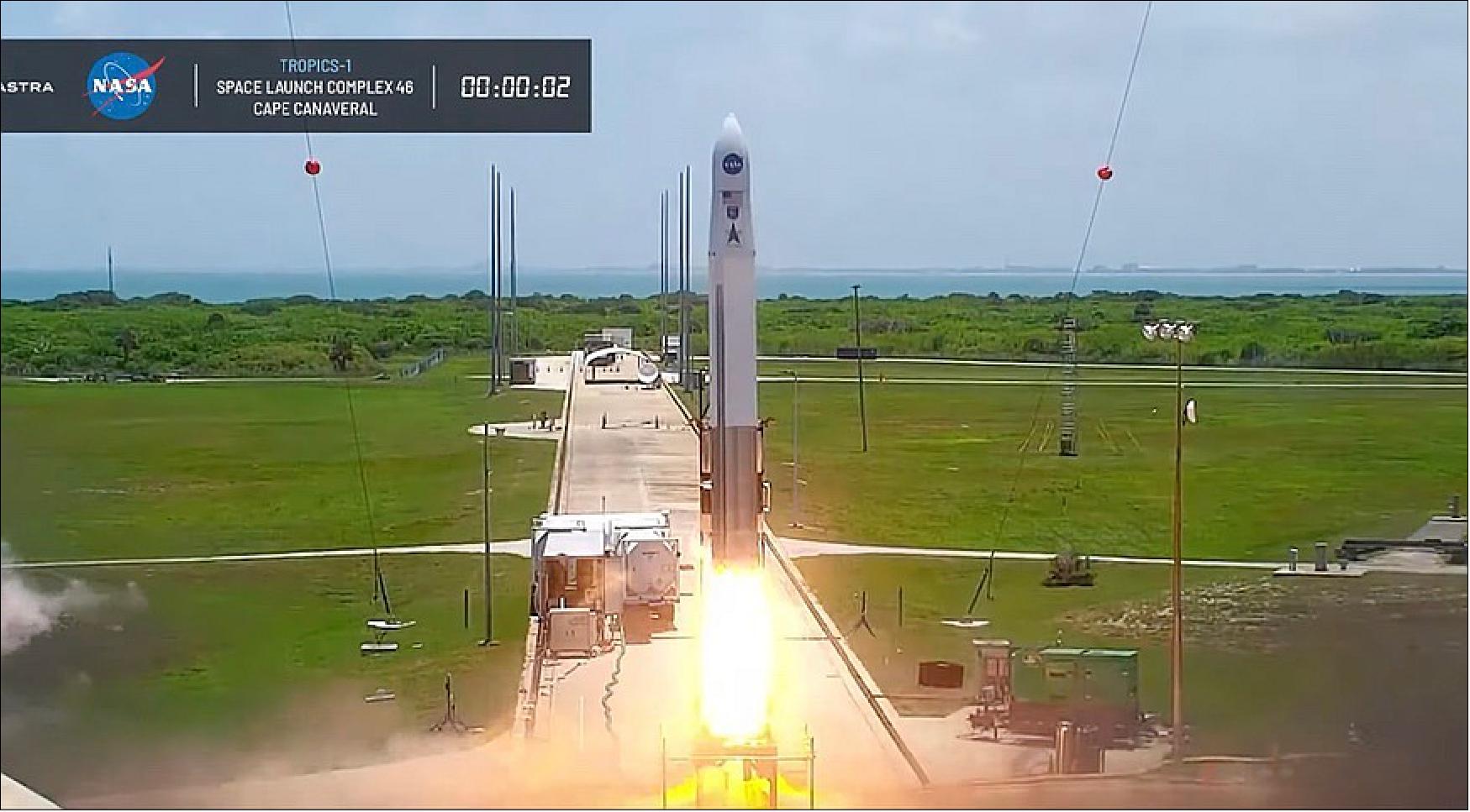Figure 3: Astra’s Rocket 3.3 lifts off from Cape Canaveral June 12 carrying two NASA TROPICS CubeSats. The launch failure, though, when the upper stage shut down prematurely (image credit: NASASpaceflight LLC/Astra Space Inc.)