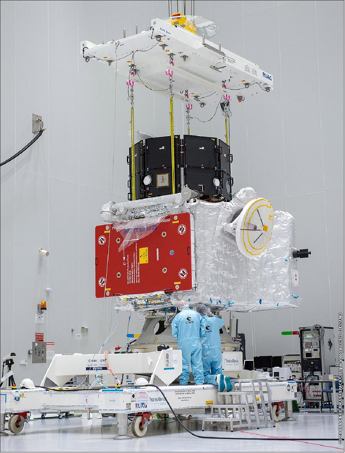 Figure 129: MMO and MPO mini-stack: ESA's MPO (bottom) and JAXA's MMO (top) are being arranged in their launch configuration at Europe’s Spaceport in Kourou (image credit: ESA/CNES/Arianespace/Optique video du CSG – J. Odang)