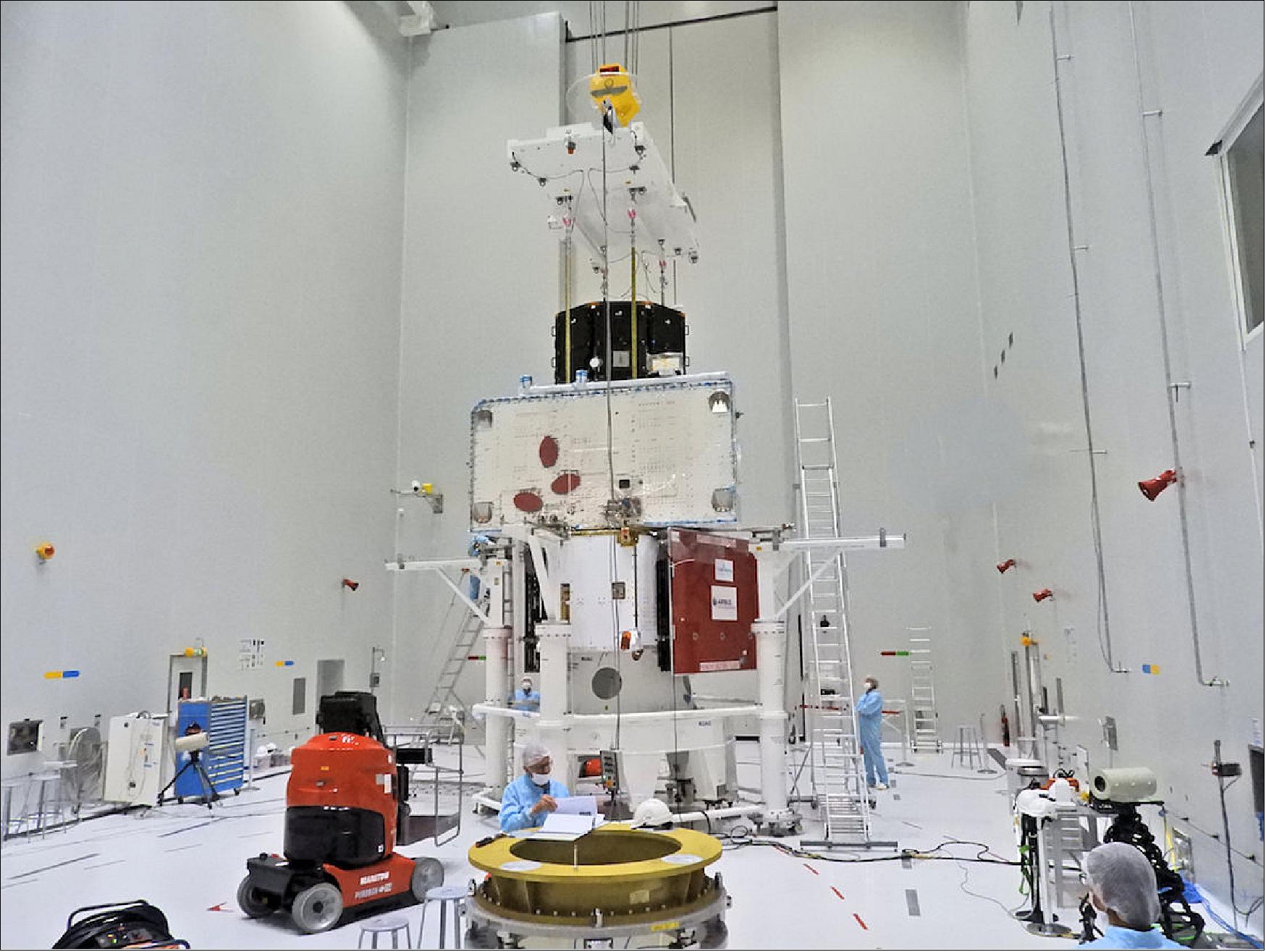 Figure 128: The three spacecraft of the BepiColombo mission to Mercury are stacked together in launch configuration (image credit: ESA–B. Guillaume)