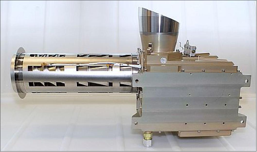 Figure 74: Photo of the MERTIS flight model, the housing is ~180 x 180 x 130 mm in size, the planet baffle is ~200 mm long, space baffle on top (image credit: MERTIS team, Ref. 69)