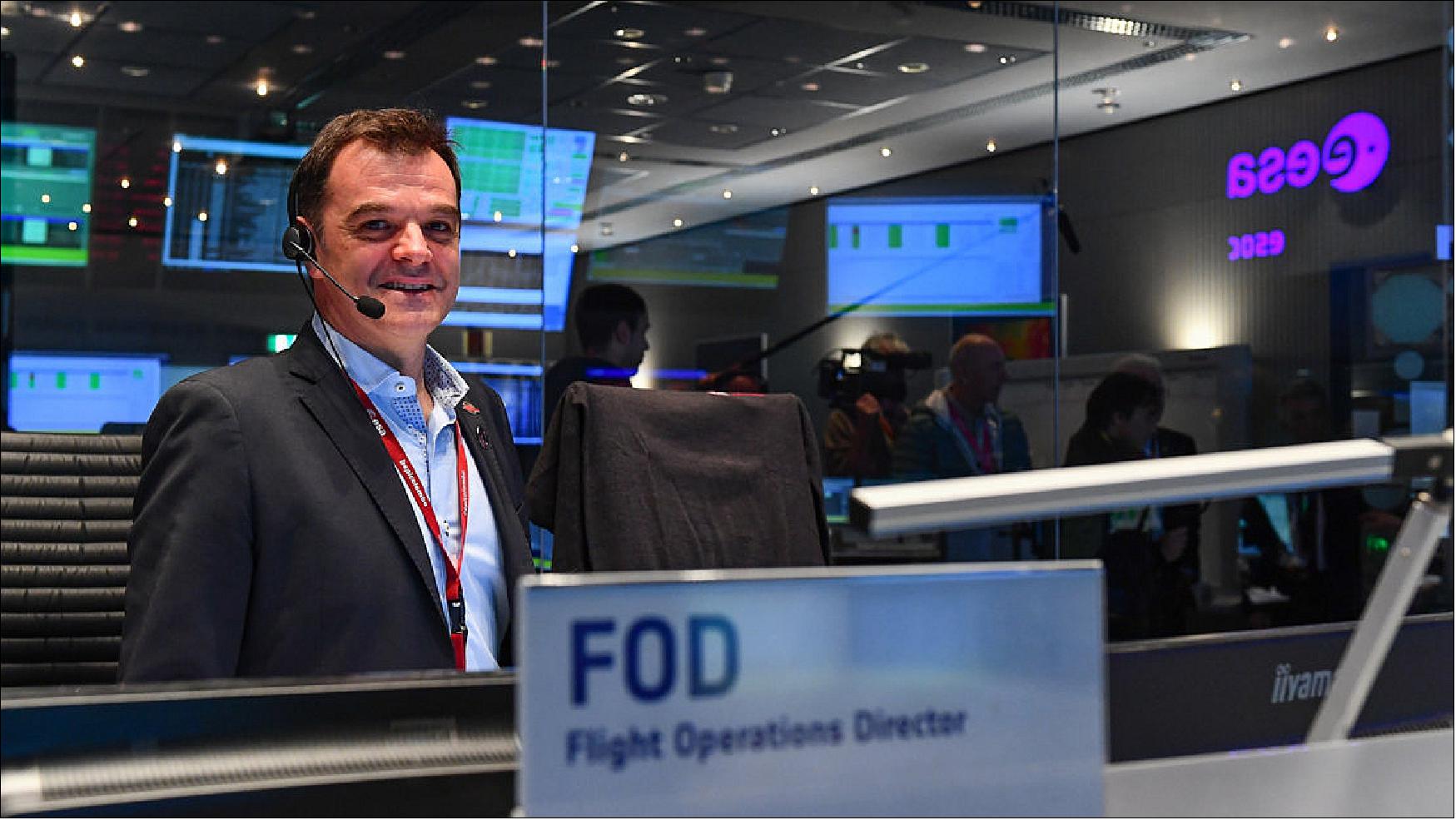 Figure 60: BepiColombo Flight Operations Director Andrea Accomazzo seen during launch in the main control room at ESA's ESOC control center on Saturday, 20 October, 2018 (image credit: ESA/J. Mai)