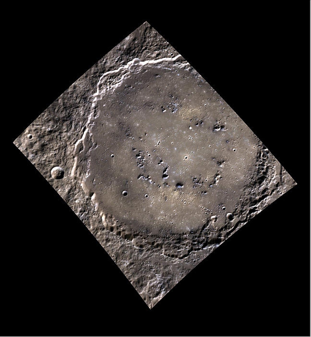 Figure 44: Joana and her colleagues used spacecraft observations from five craters with magnetic irregularities. One of the craters, named Rustaveli and found in the northern hemisphere, is pictured here. The craters were suspected to have formed during a time with a different core magnetic field orientation than that of today. The researchers modeled Mercury's ancient magnetic field based on the crater data to estimate the potential locations for the poles in the past (image credit: NASA/Johns Hopkins University Applied Physics Laboratory/Carnegie Institution of Washington)