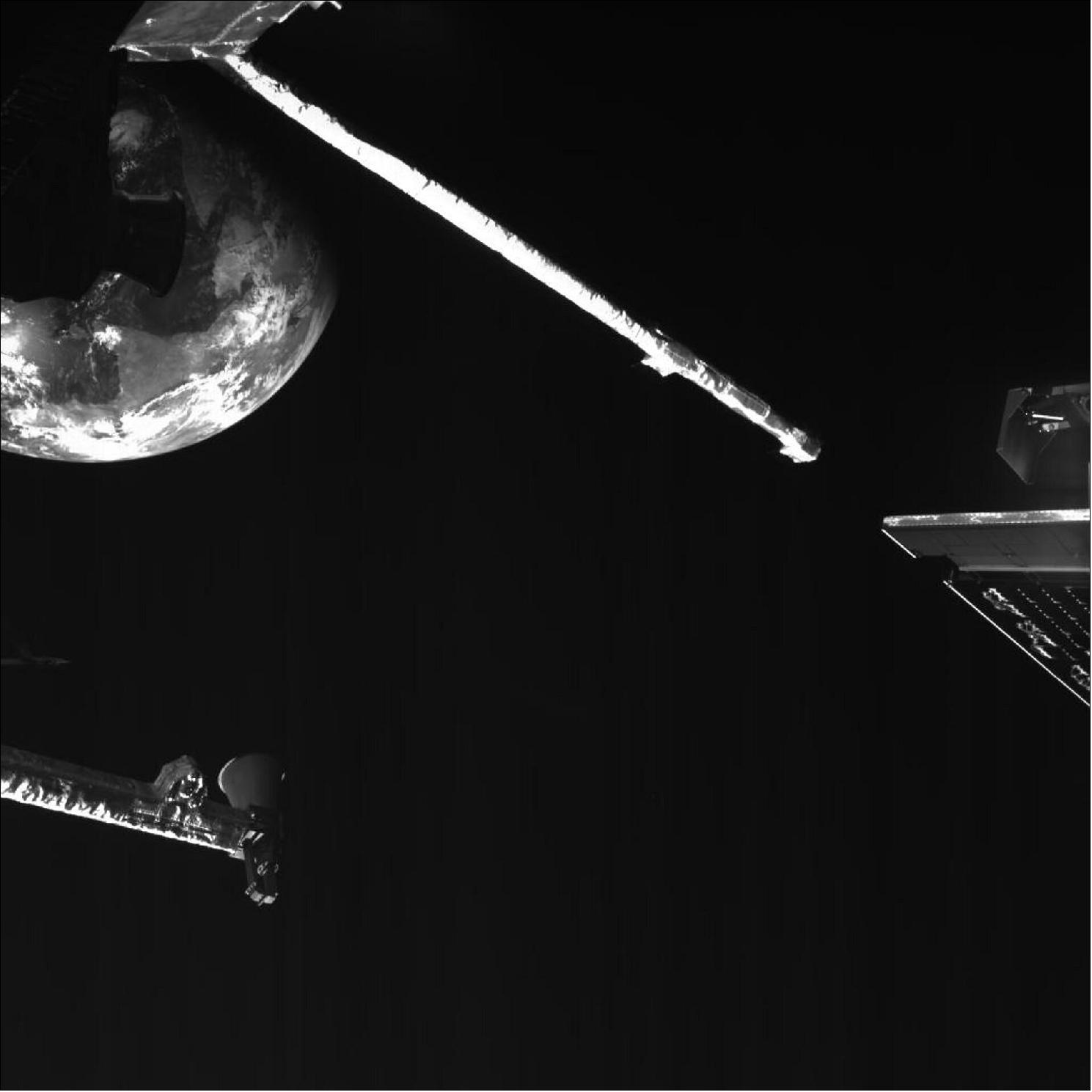 Figure 41: BepiColombo's close-up of Earth during flyby. A view of Earth captured by one of the MCAM selfie cameras on board of the European-Japanese Mercury mission BepiColombo, as the spacecraft zoomed past the planet during its first and only Earth flyby. The image was taken at 03:33 UTC on 10 April 2020, shortly before the closest approach, from around 19,000 km away (image credit: ESA/BepiColombo/MTM, CC BY-SA 3.0 IGO)