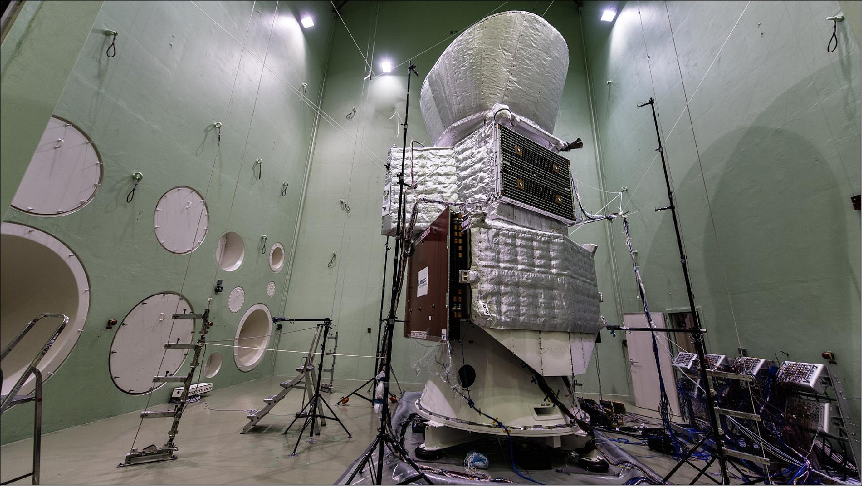 Figure 147: The full BepiColombo stack seen in the Large European Acoustic Facility (LEAF) at ESA/ESTEC in June 2017. The walls of the chamber are fitted with powerful speakers that reproduce the noise during launch (image credit: ESA–C. Carreau, CC BY-SA 3.0 IGO) 143)
