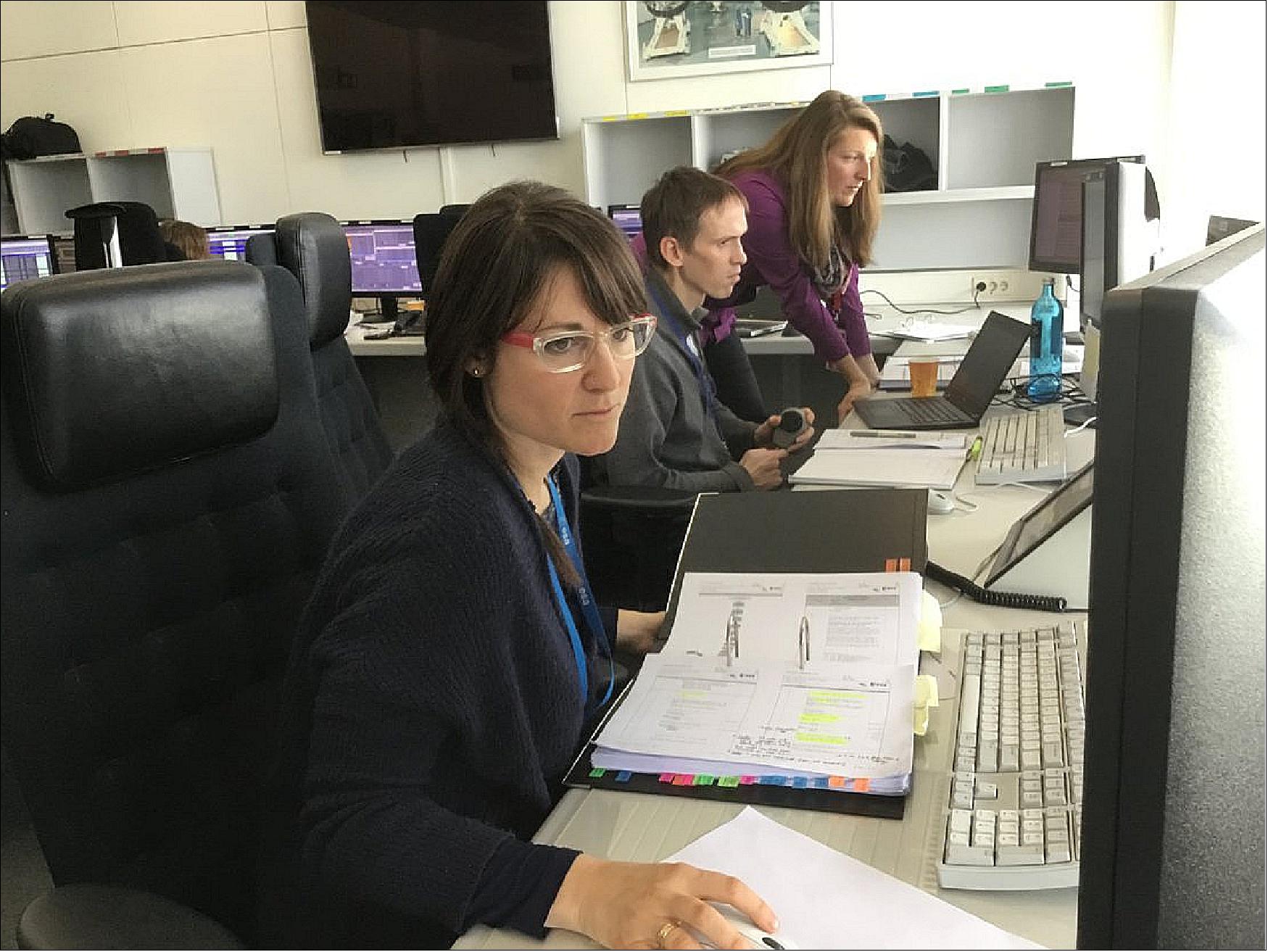 Figure 141: In the photo, in the foreground: Spacecraft Operations Engineer Emanuela Bordoni; center, Deputy Spacecraft Operations Manager Christoph Steiger; at rear, Susanne Fugger, responsible for BepiColombo operations at Airbus Defence and Space, Germany (image credit: ESA)