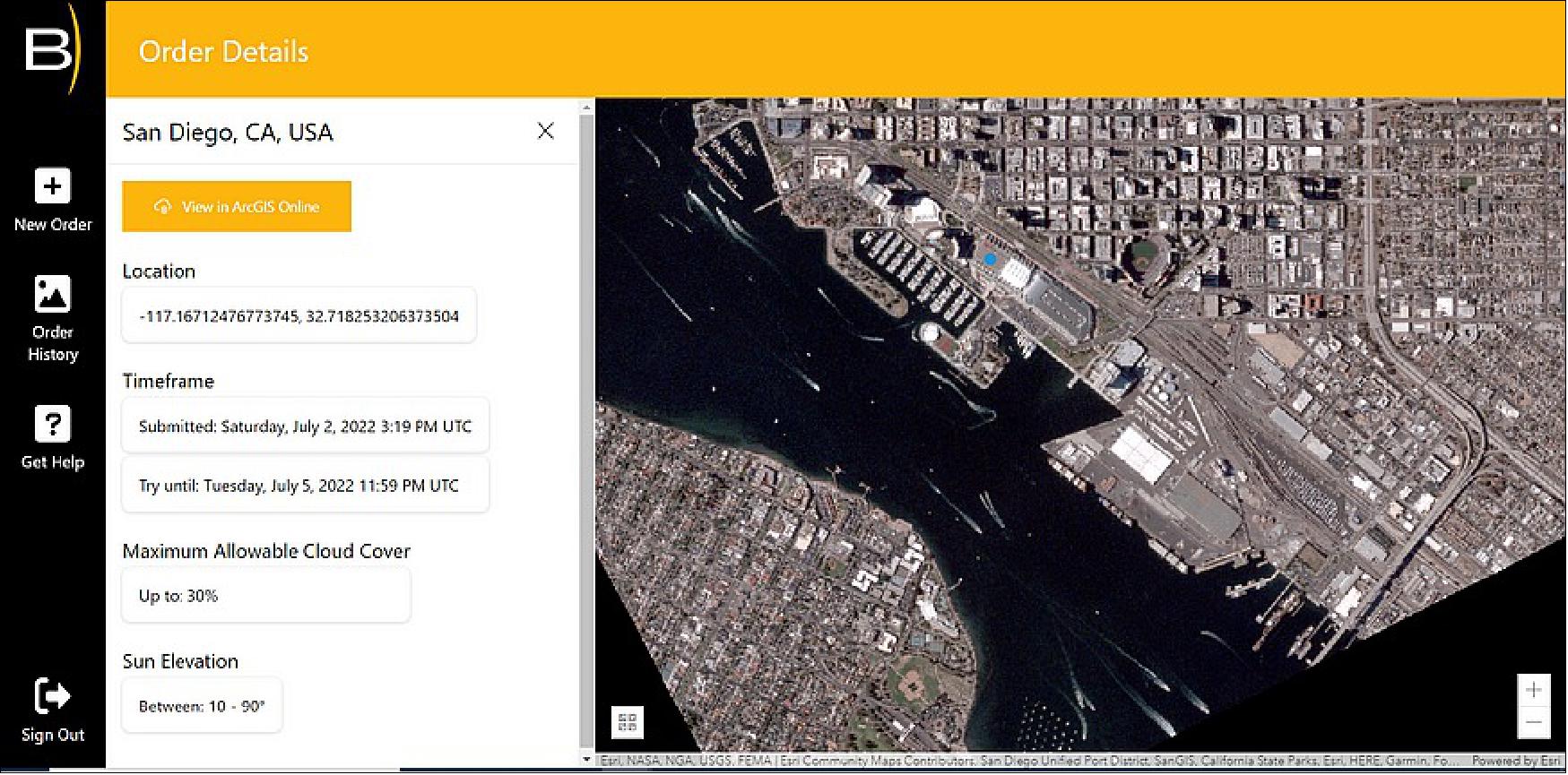 Figure 7: BlackSky and Esri released a cloud-based satellite tasking application called BlackSky Tasking for ArcGIS Online. This image shows the BlackSky Tasking interface focused on downtown San Diego, the location of the Esri User Conference 2022 (image credit: BlackSky)