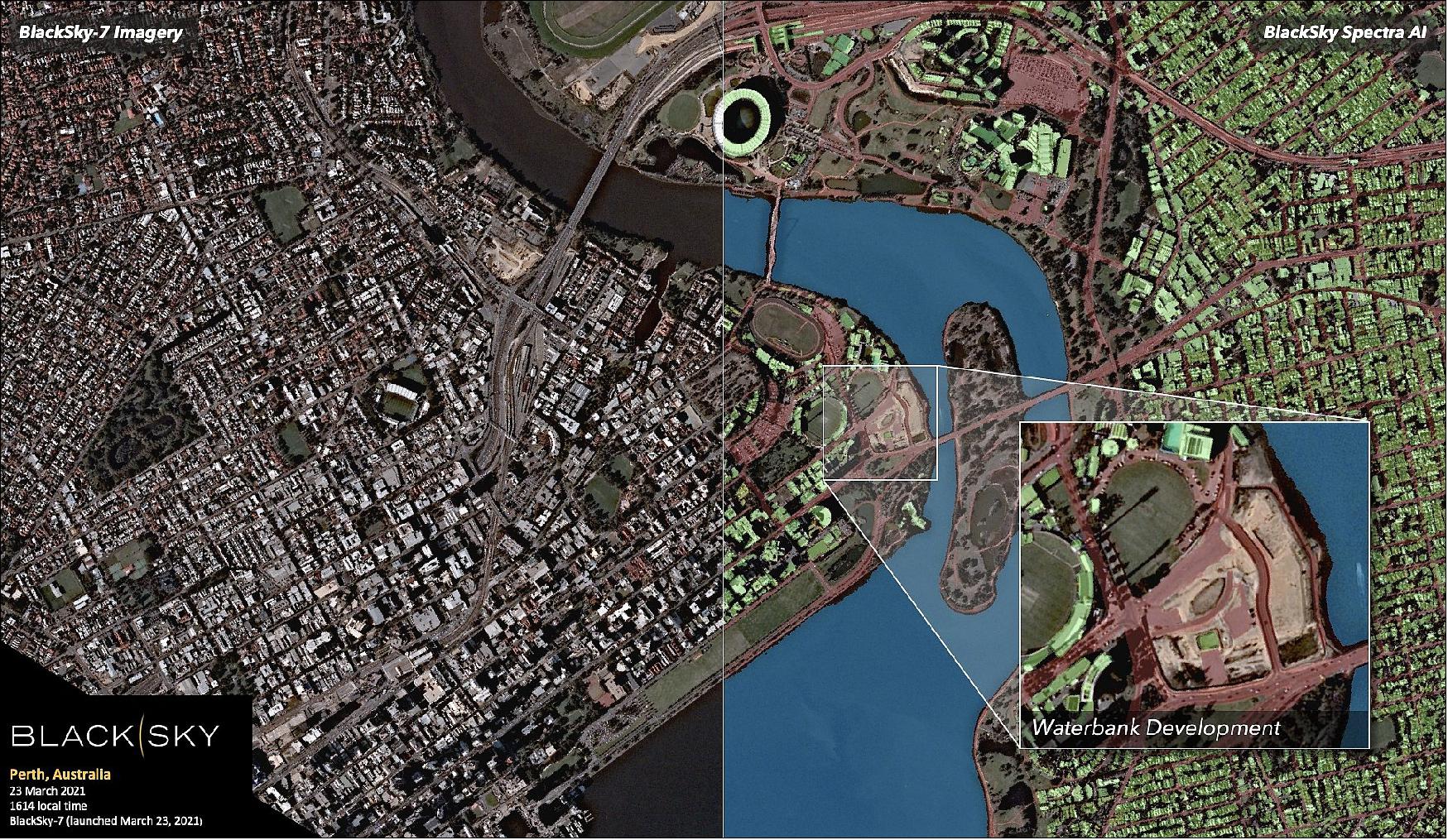Figure 14: BlackSky's Spectra AI combines the power of high-resolution satellite imagery with AI/ML techniques to automatically create detailed maps indicating activity along roads, buildings, waterways, construction sites, and more (image credit: BlackSky)