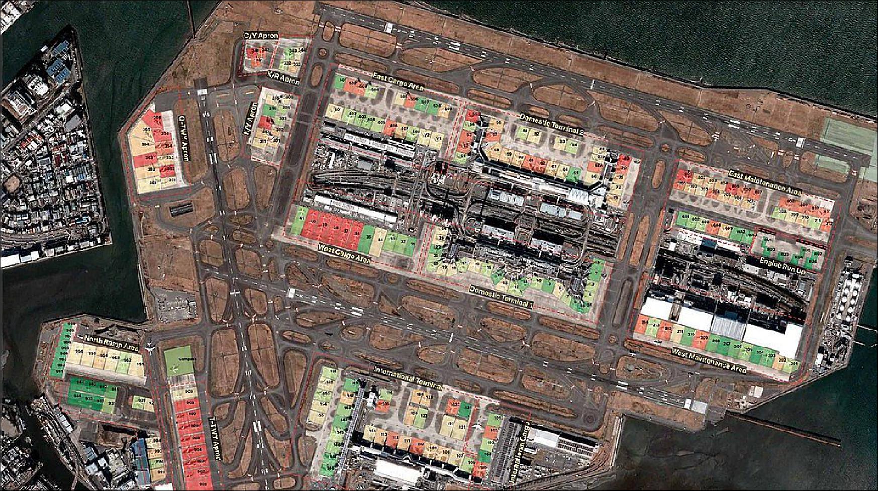Figure 13: Using high-revisit satellite imagery, BlackSky’s Spectra AI has detected the utilization of major facilities at Tokyo’s Haneda Airport. Parking spaces shown in green are rarely used, while red indicates frequent occupancy. BlackSky customers can also understand inflow/outflow of cargo and monitor airline maintenance activity (image credit: BlackSky)