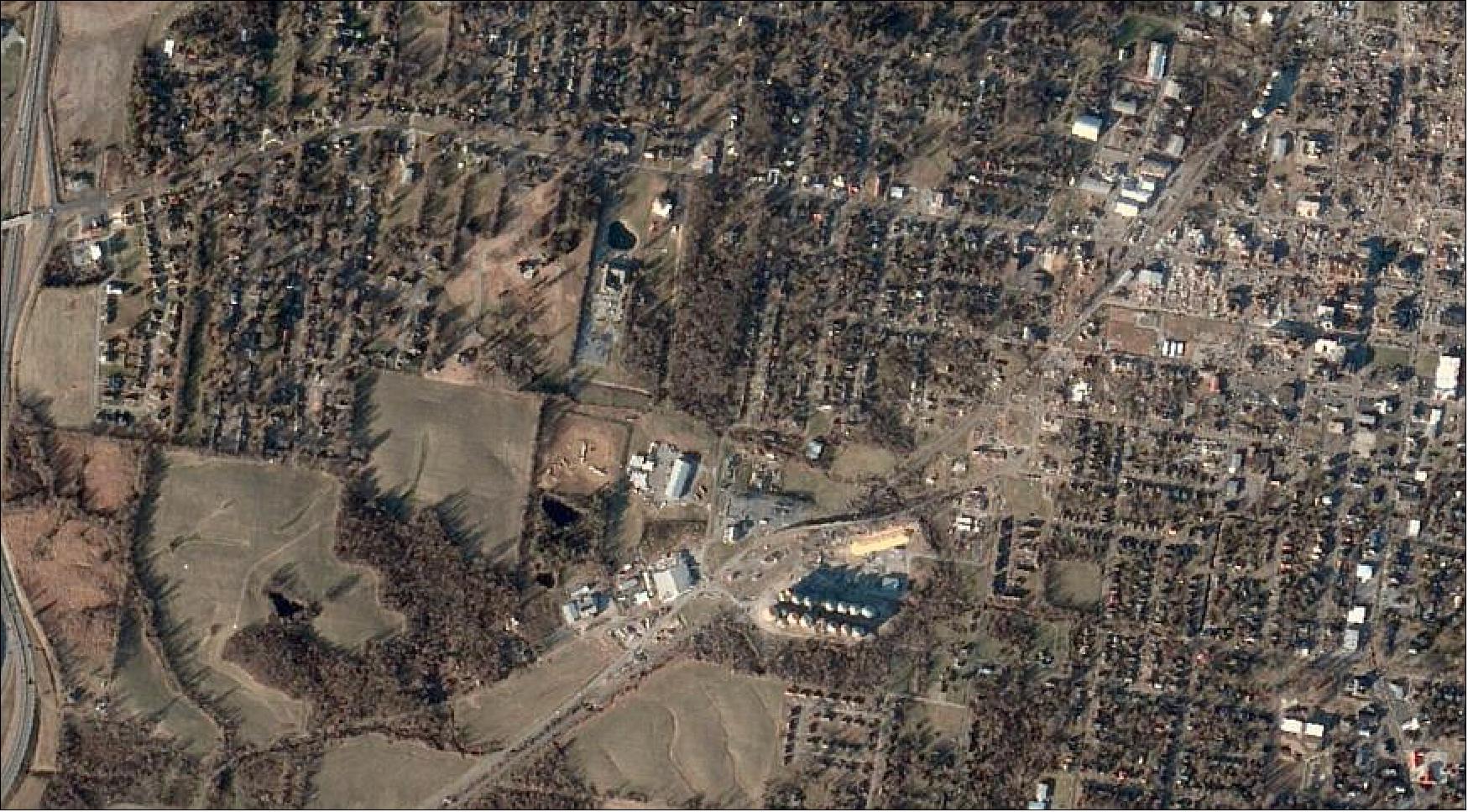 Figure 10: Satellite image of Mayfield, Kentucky, collected Dec. 12, 2021, by BlackSky following deadly tornadoes that ravaged the region (image credit: BlackSky)