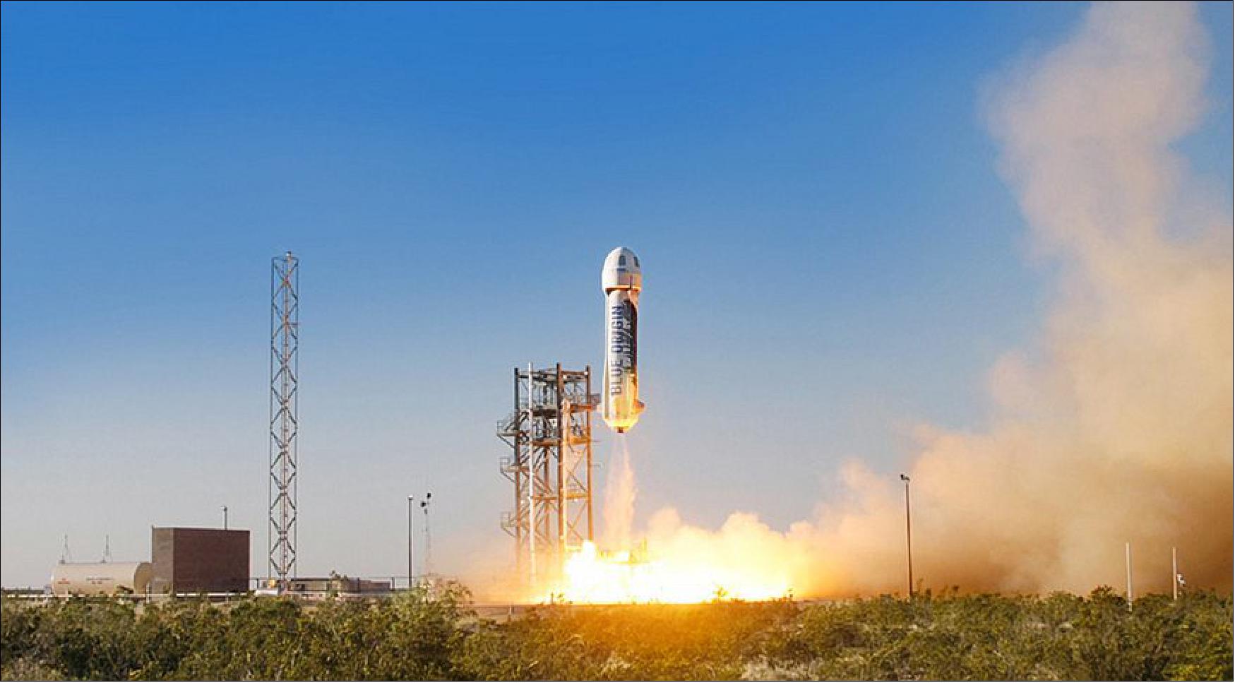 Figure 28: The New Shepard space vehicle blasts off on its first developmental test flight over Blue Origin’s West Texas Launch Site on April 29, 2015. The crew capsule reached an apogee at 93,600 meters before beginning its descent back to Earth (photo credit: Blue Origin)