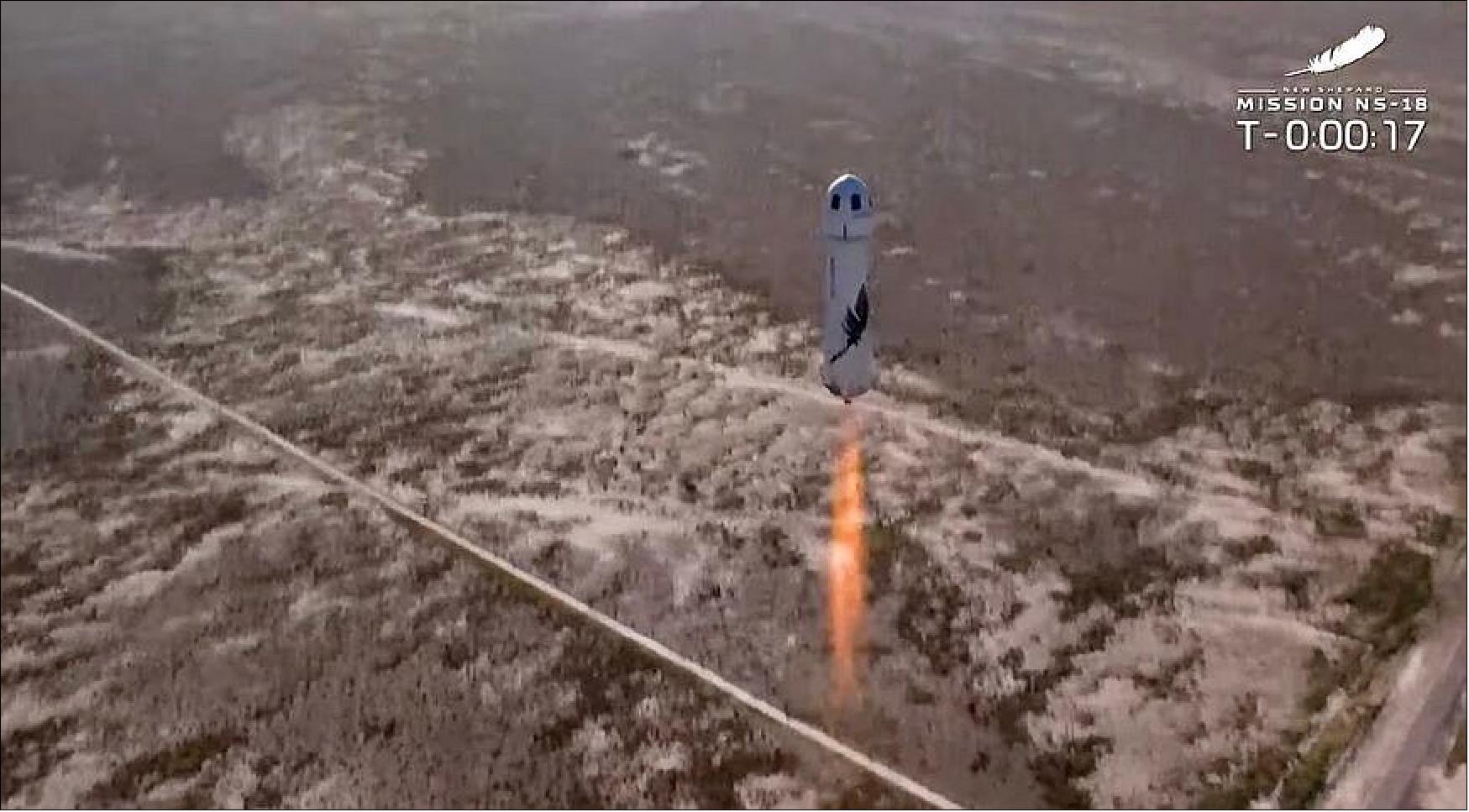 Figure 10: Blue Origin’s New Shepard lifts off Oct. 13 on the NS-18 mission, the second flight of the vehicle to carry people (image credit: Blue Origin webcast)