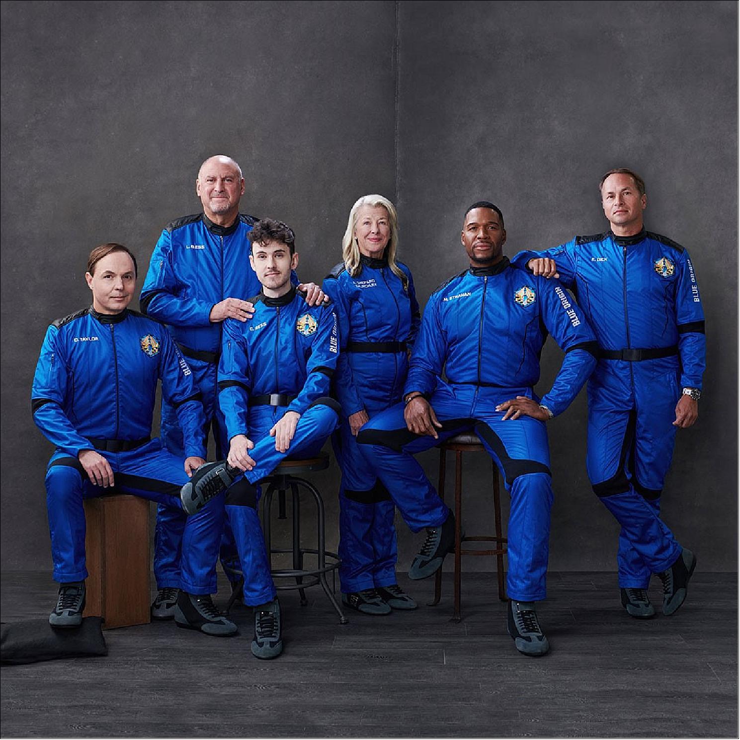 Figure 8: The crew of New Shepard NS-19. Pictured from left to right: Dylan Taylor, Lane Bess, Cameron Bess, Laura Shepard Churchley, Michael Strahan, and Evan Dick (image credit: Blue Origin) 8)