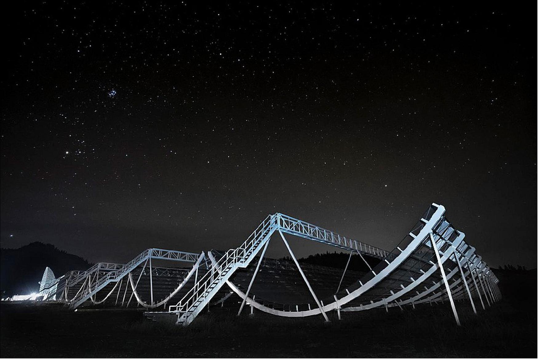Figure 12: The large radio telescope CHIME, pictured here, has detected more than 500 mysterious fast radio bursts in its first year of operation, MIT researchers report (image credit: courtesy of CHIME)
