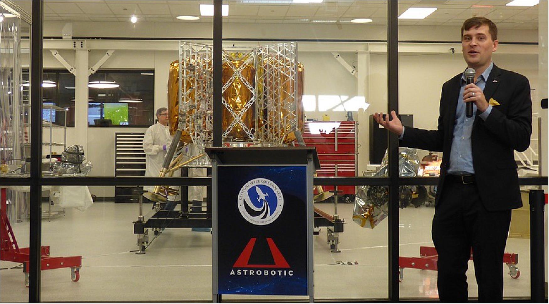 Figure 7: Astrobotic CEO John Thornton unveils the Peregrine flight model April 20 at the company’s Pittsburgh headquarters (image credit: SpaceNews/Jeff Foust)