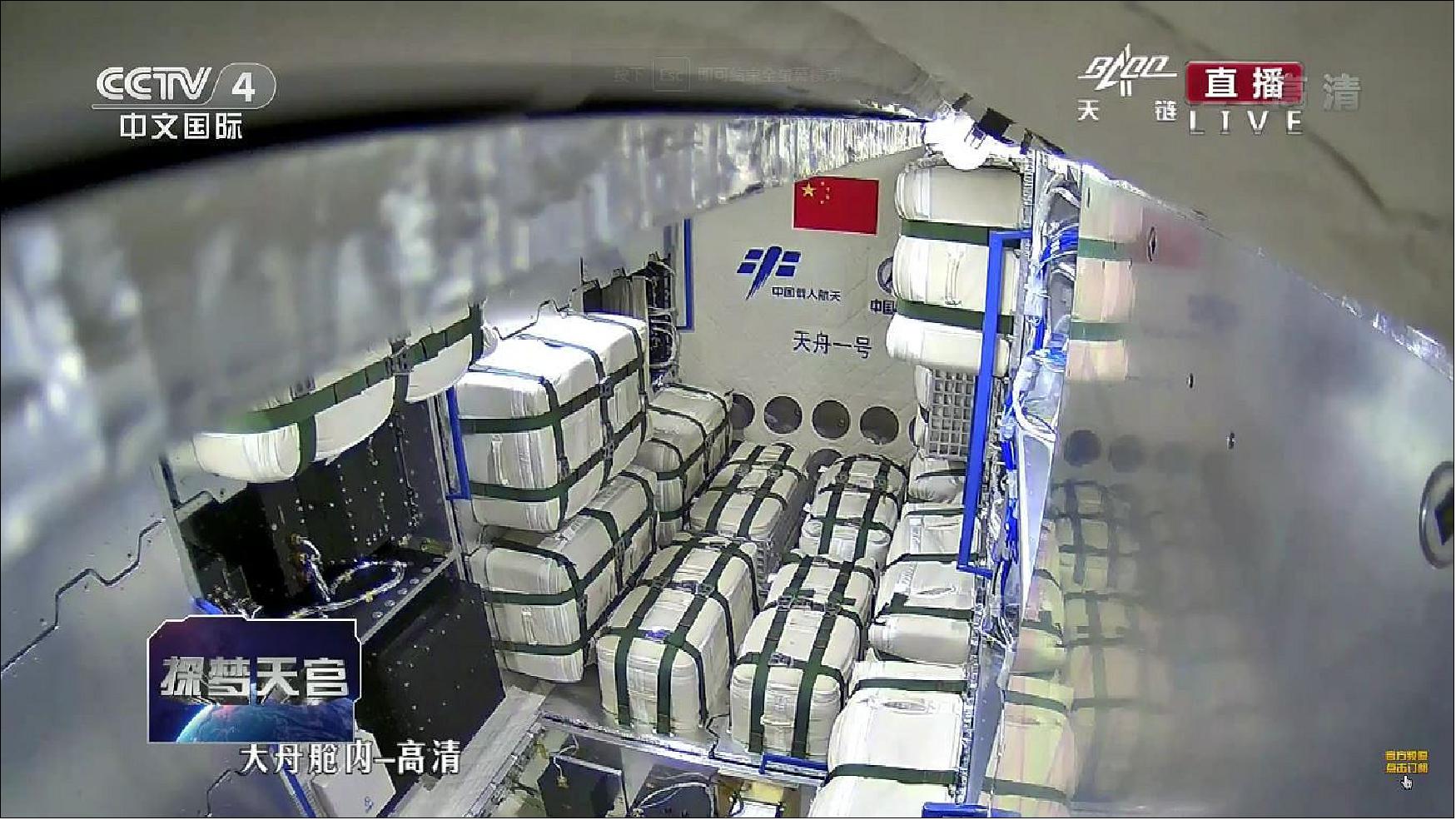 Figure 47: A view inside the cargo section of the Tianzhou-1 cargo spacecraft (image credit: CCTV/framegrab)