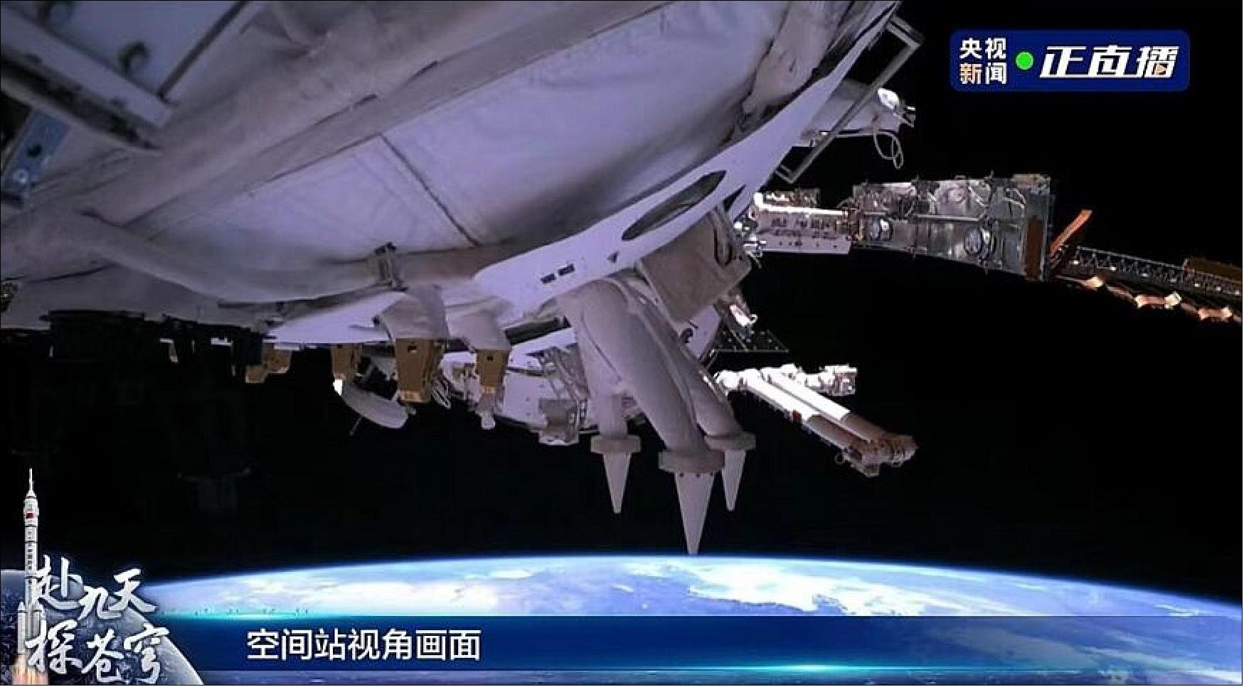 Figure 17: A view from the Tianhe core module after the docking of the Shenzhou-14 crewed spacecraft (image credit: CCTV/framegrab)