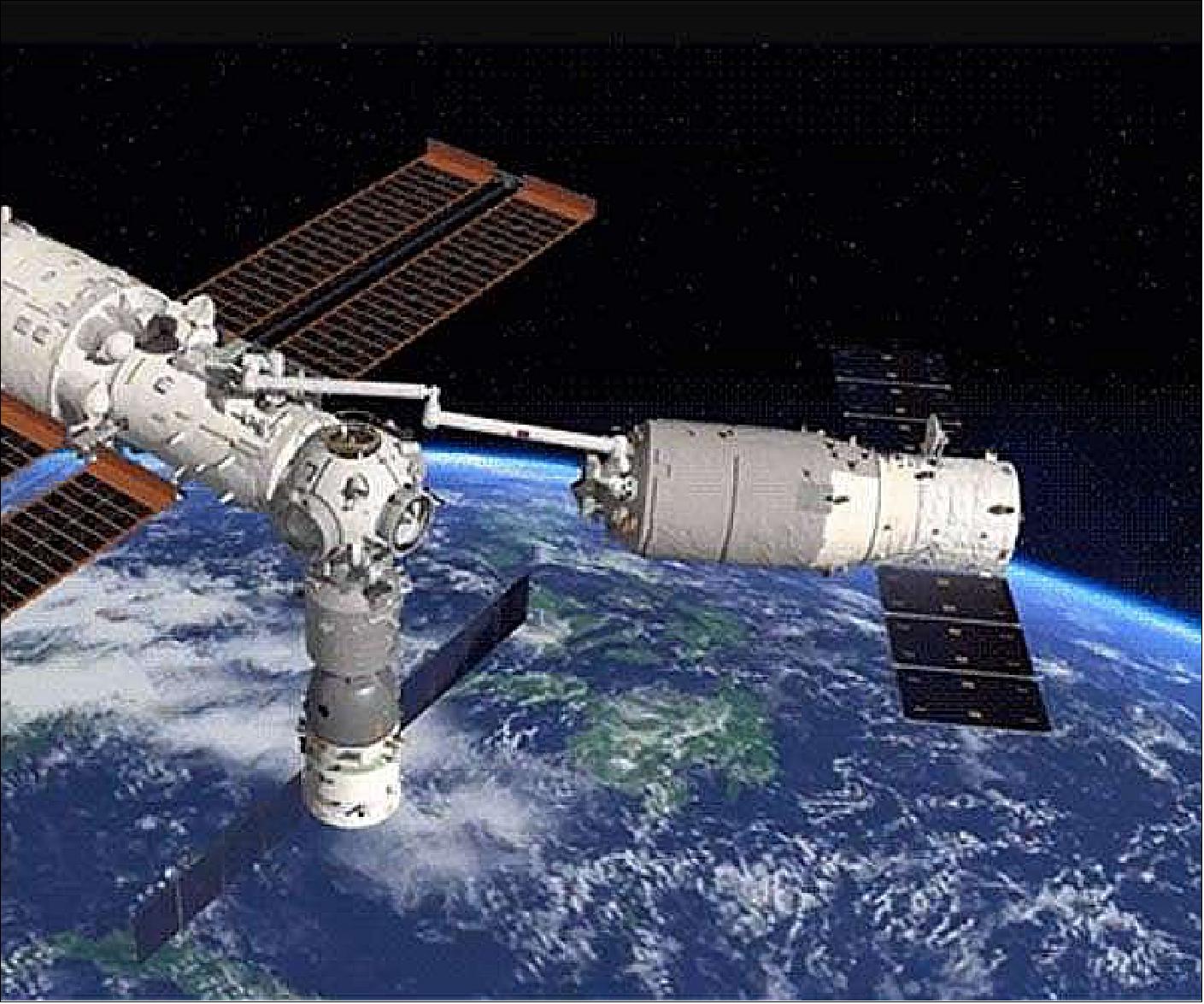 Figure 5: China's Tiangong space station conducted a test using its robotic arm to reposition the Tianzhou 2 cargo spaceship (image credit: CSU)