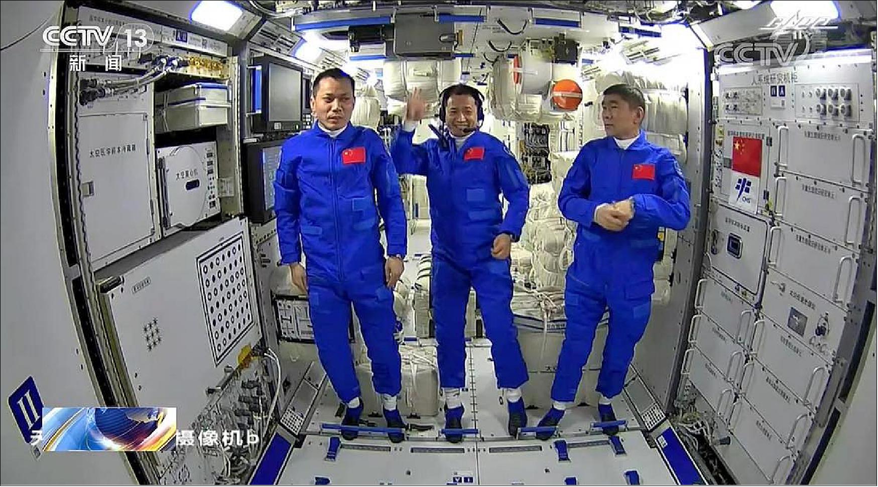 Figure 37: Chinese astronaut Tang Hongbo (left), commander Nie Haisheng (center), and astronaut Liu Boming (right) inside the Tianhe core module of China’s space station (image credit: CCTV)