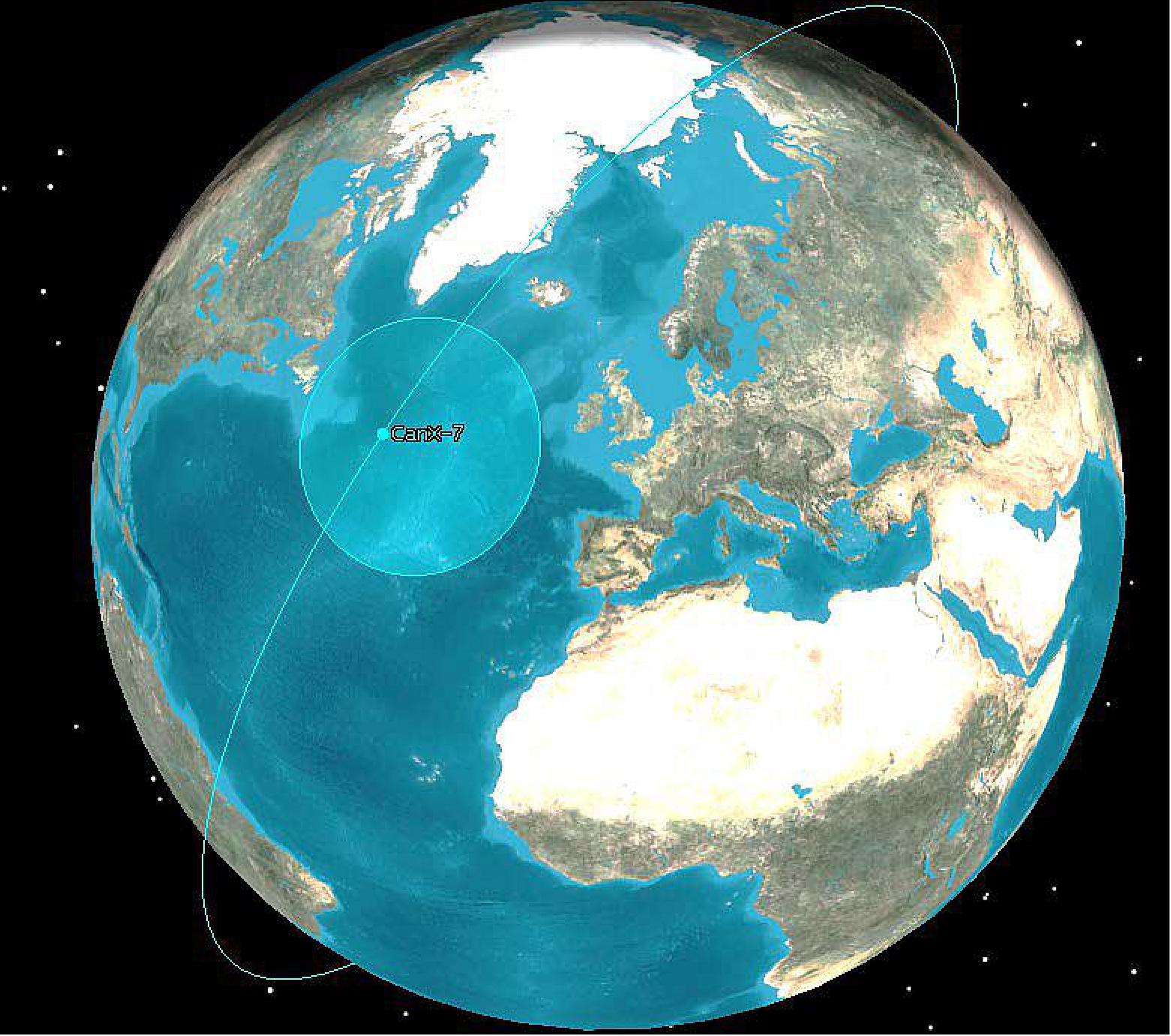 Figure 31: CanX-7 ADS-B receiver reception coverage (circle) with -103 dBm sensitivity at 800 km altitude (AGI STK Software), image credit: RMCC