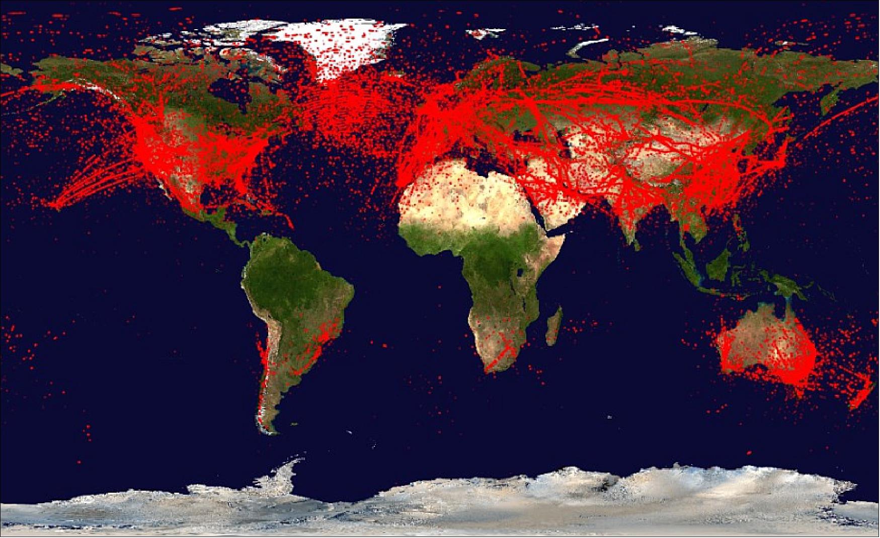 Figure 15: Global scale map of all of the ADS-B position messages received by CanX-7 from October 2016 to January 2017 (image credit: UTIAS/SFL)