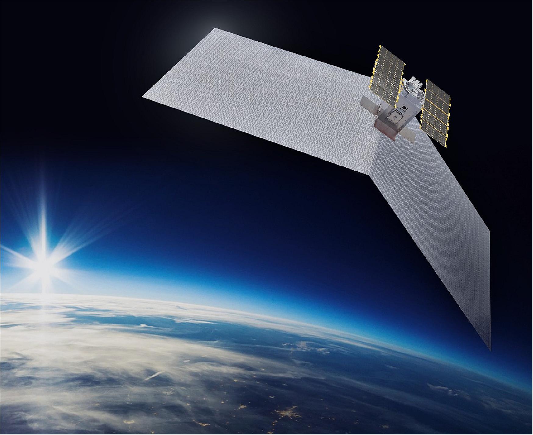 Figure 5: Artist's rendition of the deployed Capella small satellite. The spacecraft is using an origami-like antenna that unfolds to 8 m2 (image credit: Capella Space)