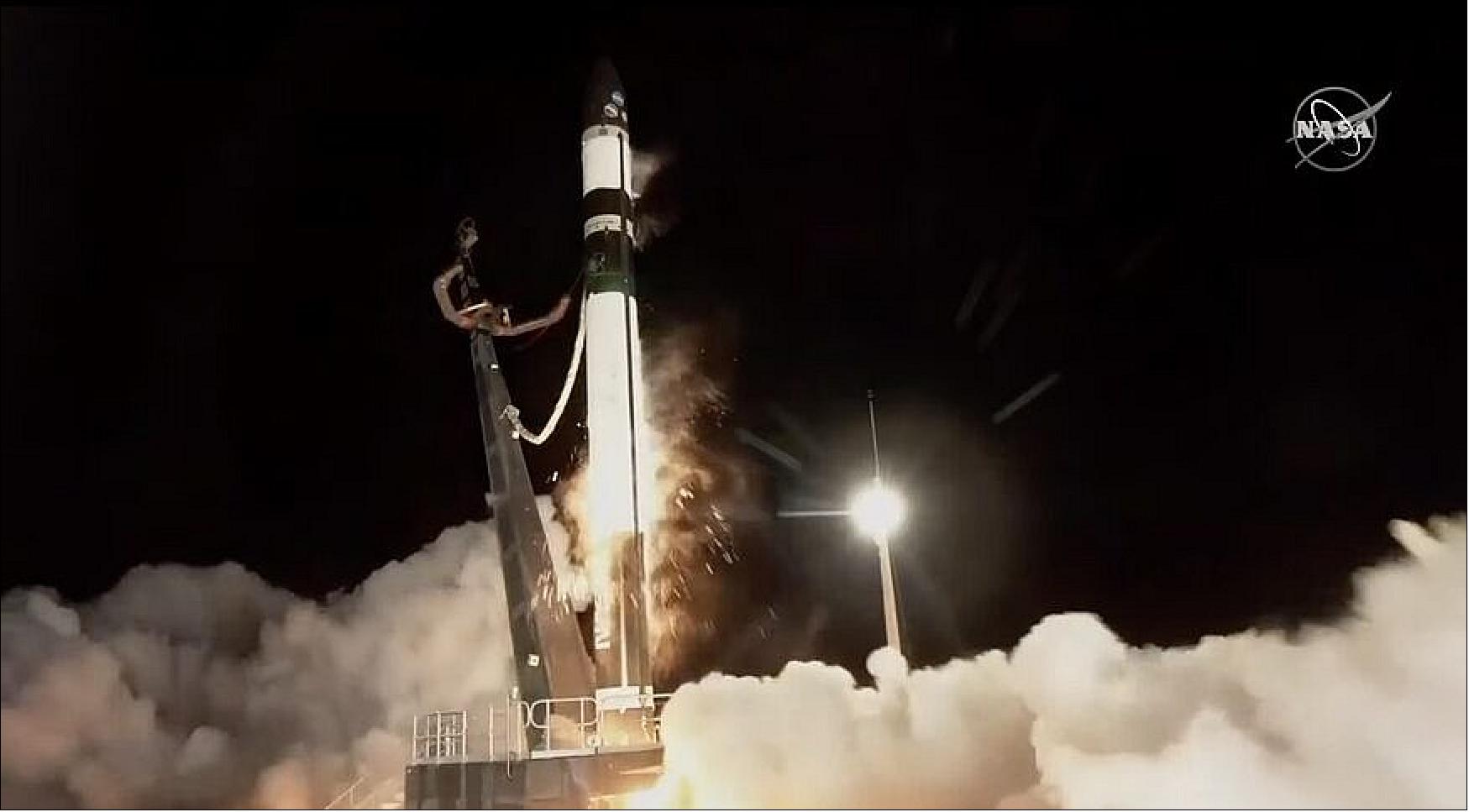 Figure 9: A Rocket Lab Electron lifts off June 28 with NASA's CAPSTONE lunar CubeSat from the Rocket Lab Launch Complex 1 on the Mahia Peninsula of New Zealand (image credit: NASA TV)