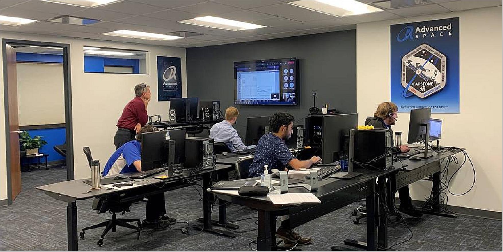 Figure 7: The team at Advanced Space, NASA's partner, performs the third operations readiness test at its CAPSTONE mission operations center in Westminster, Colorado. The team conducted simulated spacecraft trajectory and correction maneuvers necessary to perform spacecraft insertion into its final lunar orbit (image credit: Advanced Space)