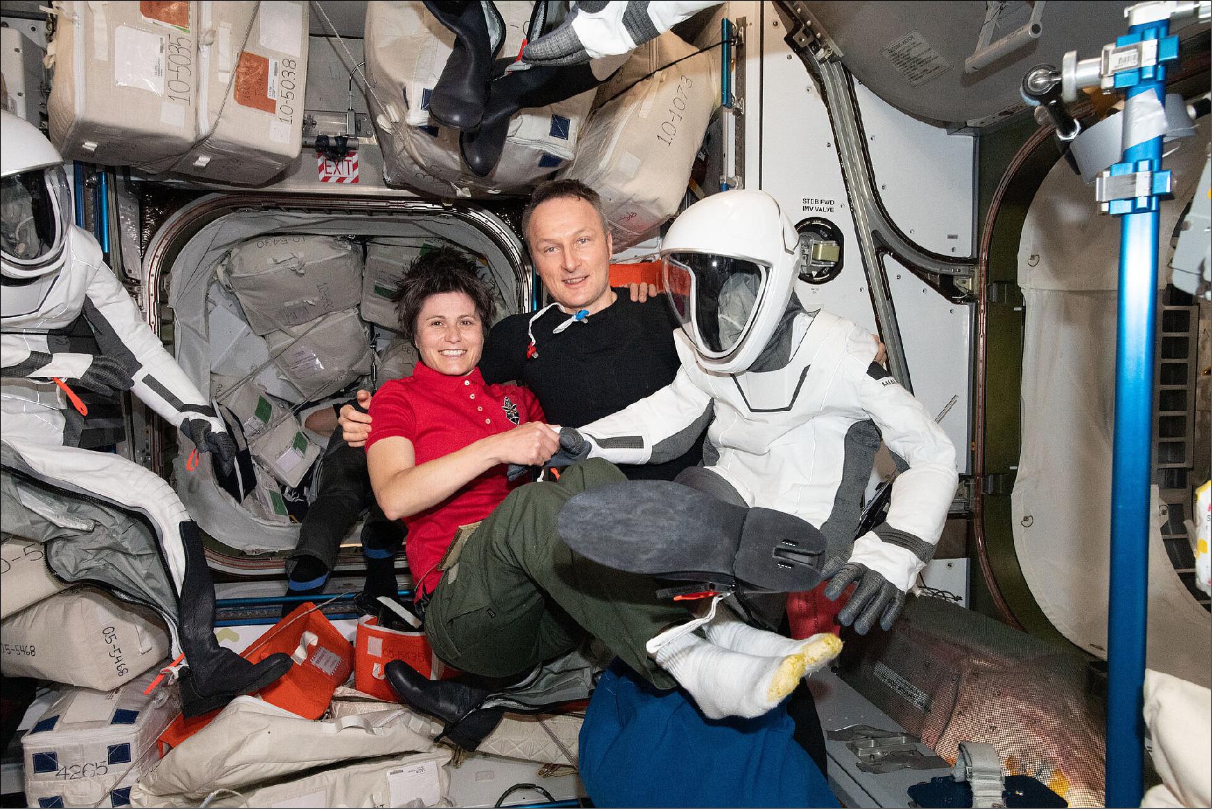 Figure 17: In late April 2022, for the first time since mid 2011, ESA had two astronauts living and working together aboard the International Space Station. Samantha Cristoforetti arrived with Crew-4 on 28 April in SpaceX Crew Dragon Freedom, while Matthias departed with his Crew-3 colleagues, NASA astronauts Raja Chari, Thomas Marshburn and Kayla Barron, on Thursday 5 May. This image with a SpaceX spacesuit was captured during their time together in orbit (image credit: ESA/NASA)