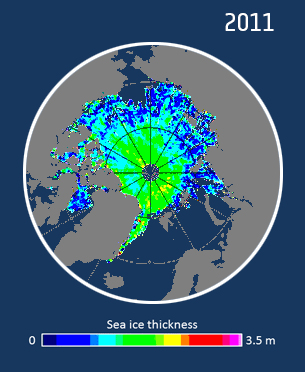 Figure 61: November Arctic sea-ice thickness as observed by CryoSat. Although November 2016 saw ice thicker than usual north of Canada, there is less ice overall in southerly regions such as the Beaufort, East Siberian and Kara Seas (image credit: CPOM/ESA)