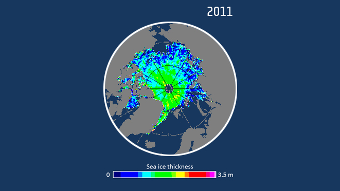 Figure 29: 2011–16 November Arctic sea-ice thickness. November Arctic sea-ice thickness as observed by CryoSat. Although November 2016 saw ice thicker than usual north of Canada, there is less ice overall in southerly regions such as the Beaufort, East Siberian and Kara Seas (image credit: CPOM/ESA)