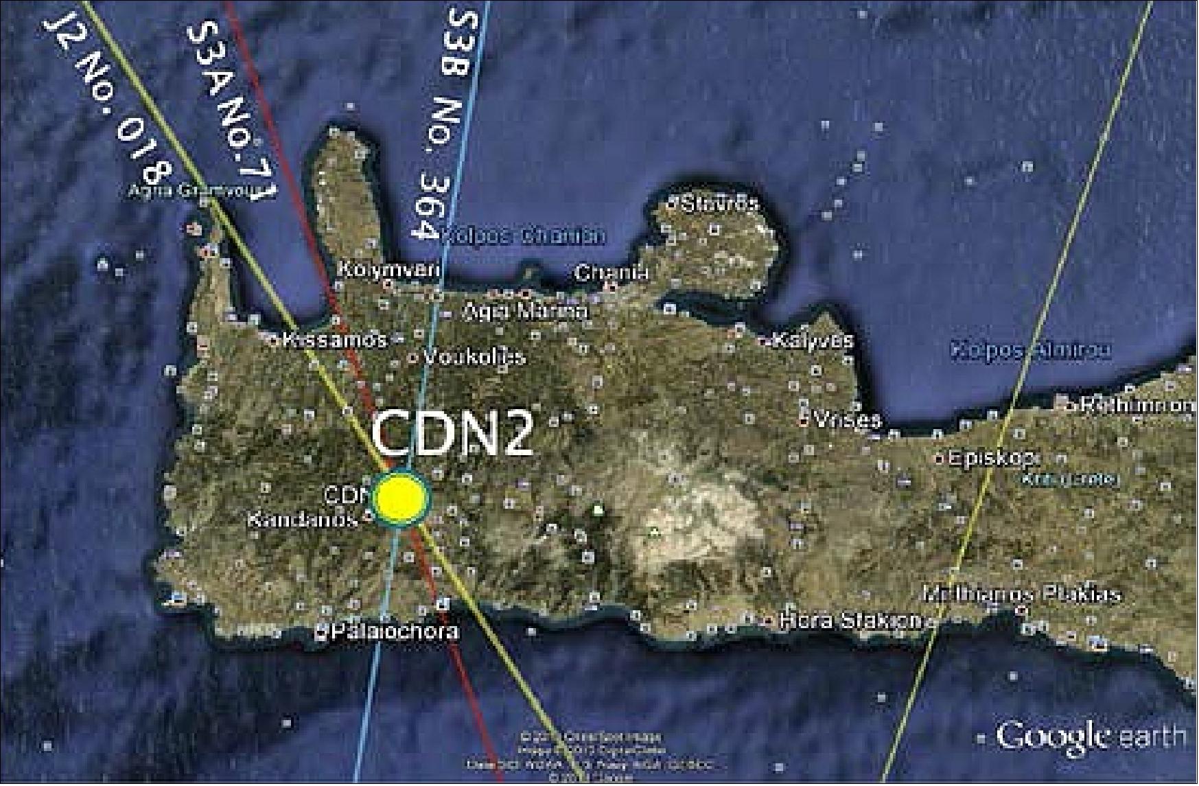Figure 106: A triple cross-over point for Sentinel-3A (red), -3B (purple) and Jason series (yellow) exist at the CDN2 site in western Crete (image credit: TUC)