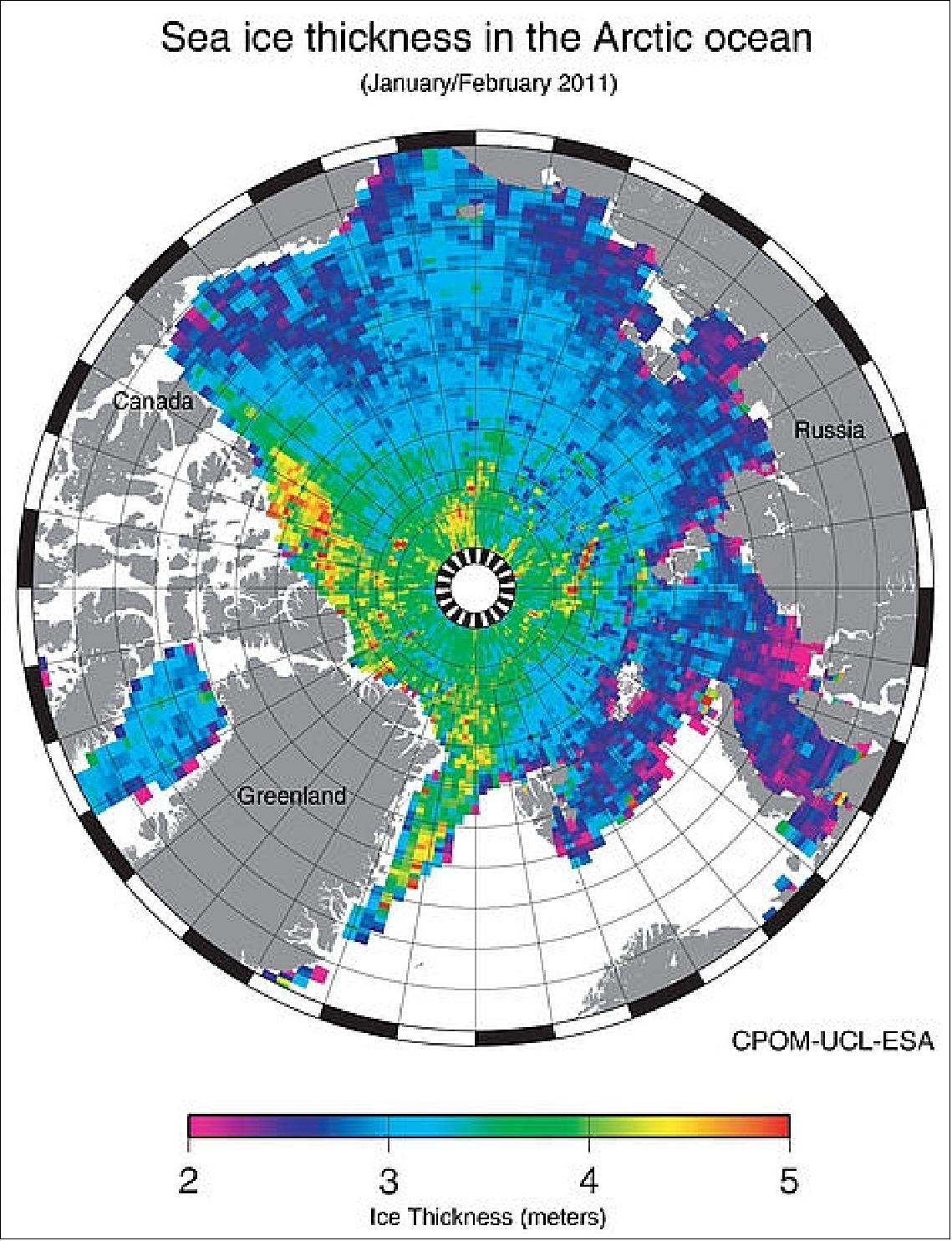 Figure 91: The first map of sea ice thickness in the Arctic ocean (image credit: ESA, UCL)