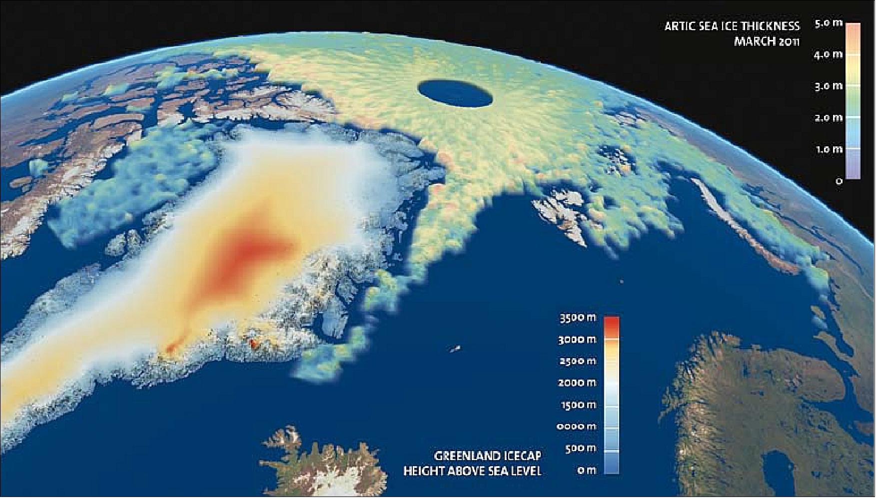 Figure 88: Produced from CryoSat-2 data, this map shows Arctic sea-ice thickness, as well as the elevation of Greenland ice sheet, for March 2011. For sea ice, green indicates thinner ice, while yellow and orange indicate thicker ice (image credit: CPOM/UCL/Leeds/ESA/PVL) 111)