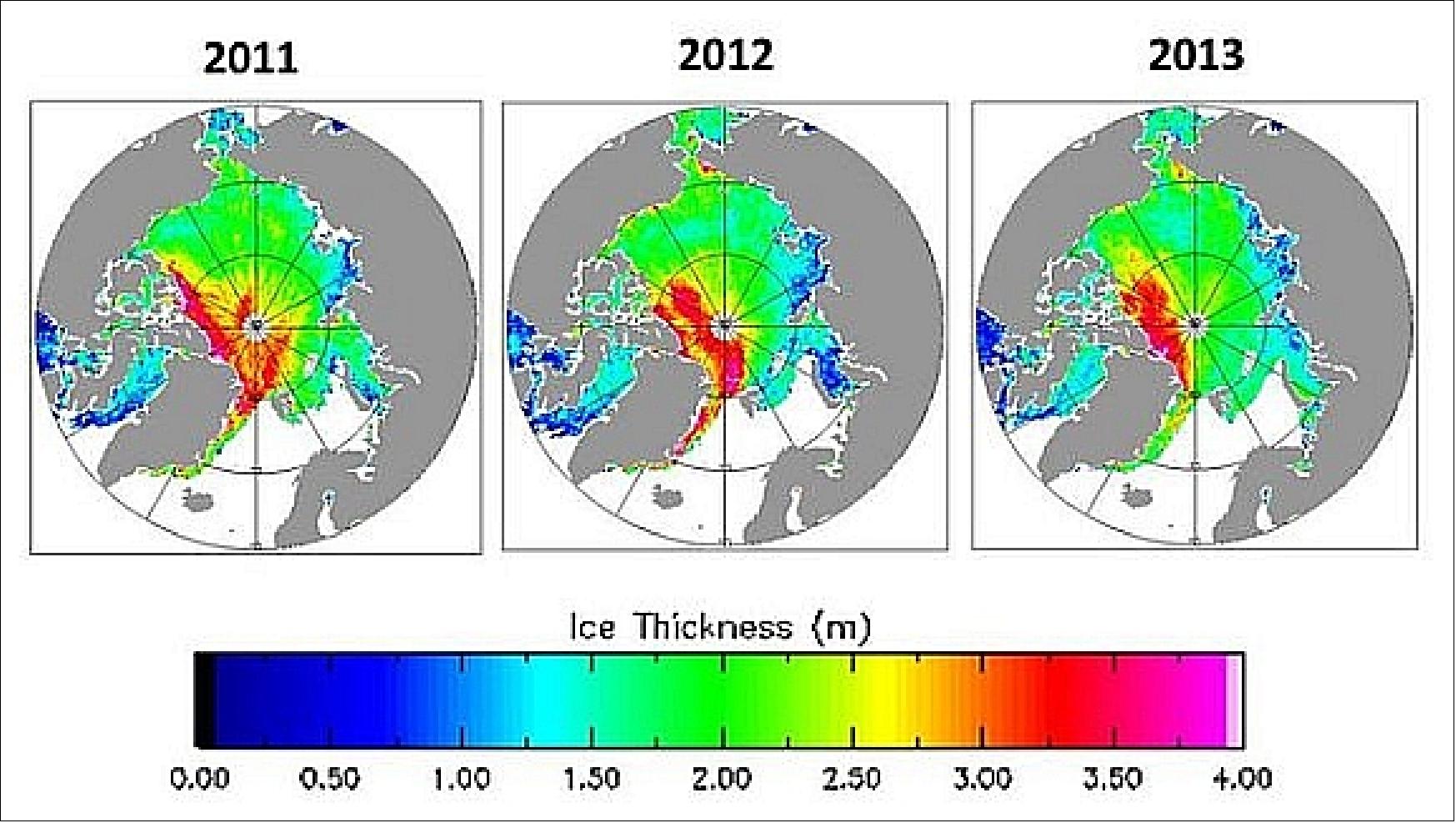 Figure 85: Variations in spring ice thickness: Changes in ice thickness for March/April 2011, 2012 and 2013 as measured by CryoSat-2 (image credit: A. Ridout,UCL)