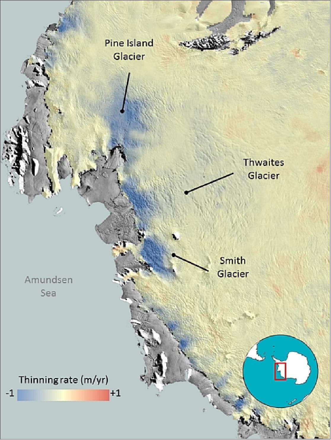 Figure 84: Three years of measurements from CryoSat show that the West Antarctic Ice Sheet is estimated to be losing over 150 km3 of ice each year (image credit: CPOM, ESA)