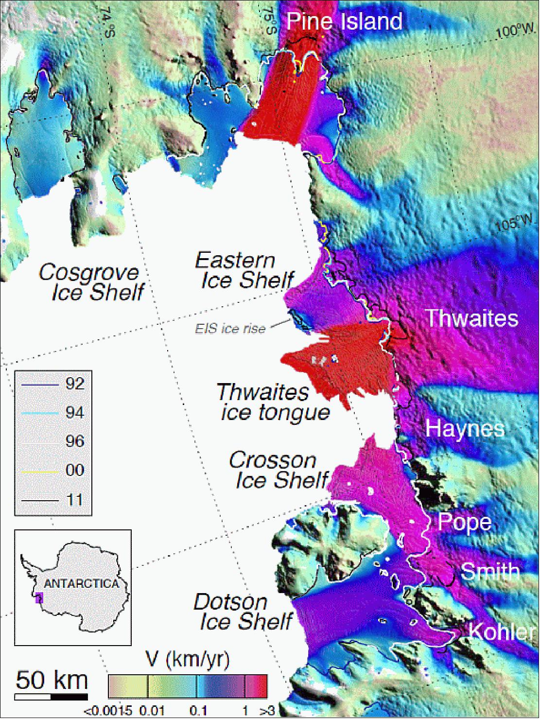 Figure 81: Velocity of the Amundsen Sea Embayment sector of West Antarctica derived using ERS-1/2 radar data in winter 1996 with a color coding on a logarithmic scale and overlaid on a MODIS mosaic of Antarctica (image credit: AGU, NASA)
