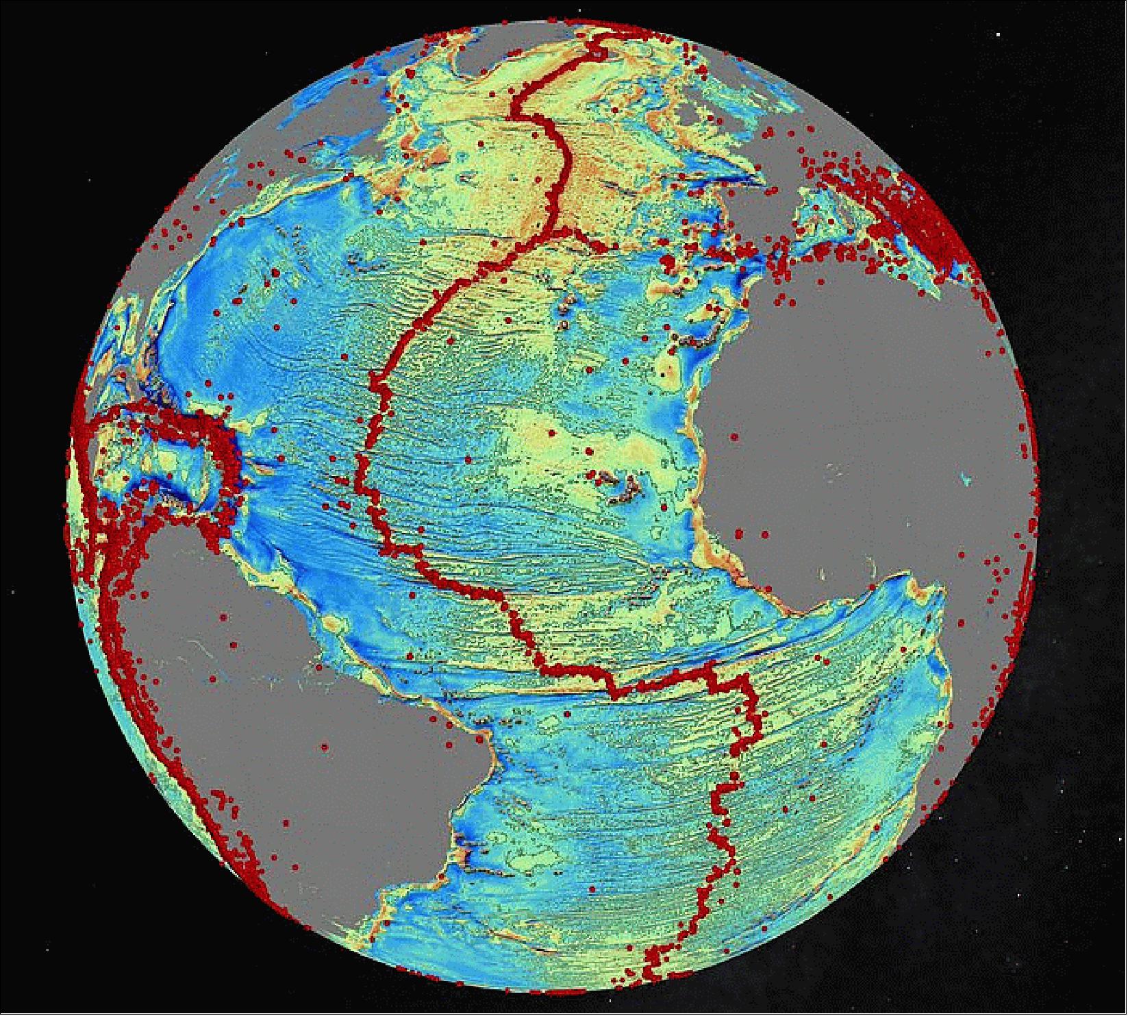 Figure 74: Atlantic bed imprinted in gravity; the red spots indicate volcanic activity (image credit: SIO)
