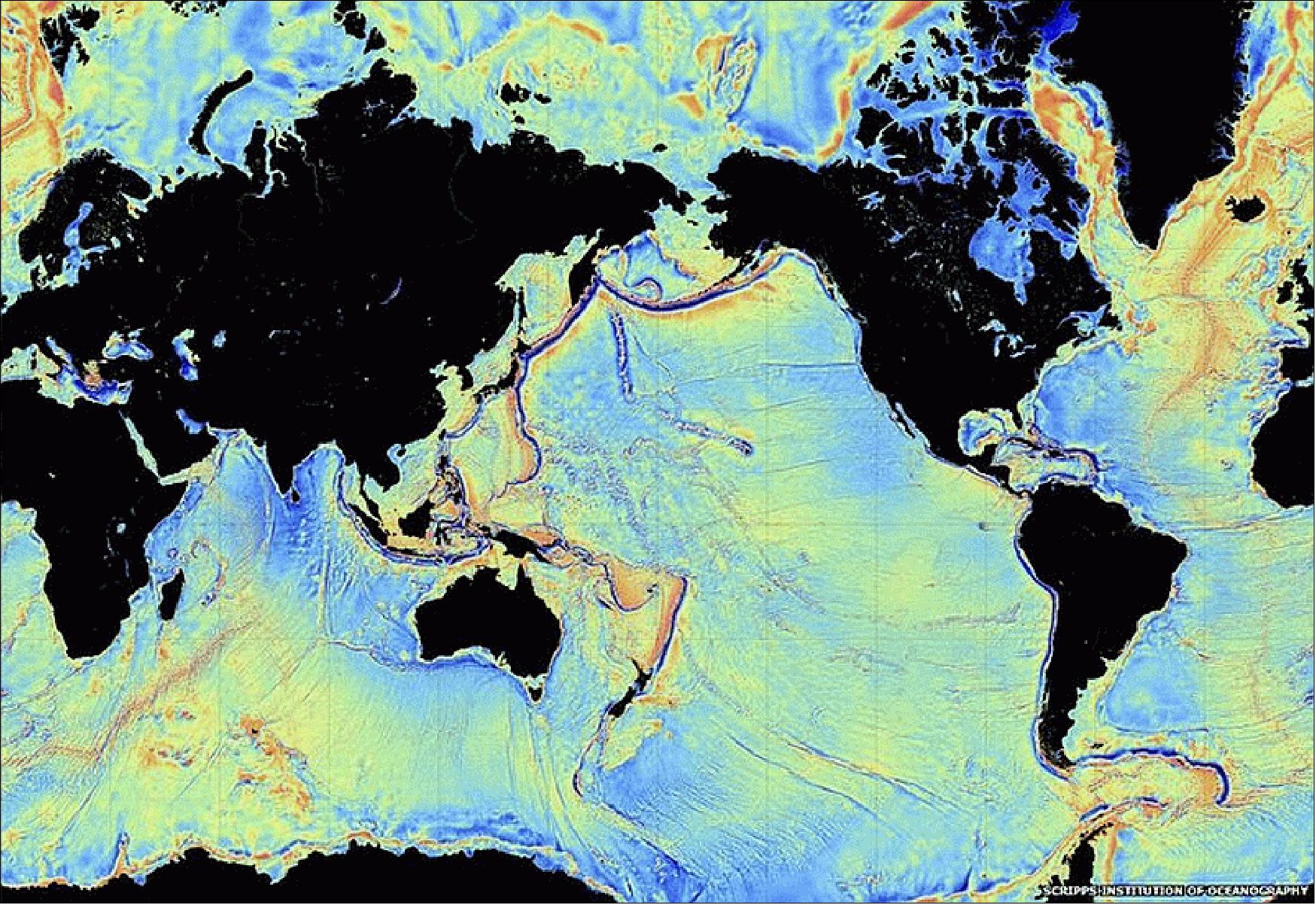 Figure 73: Gravity models are powerful tools for mapping tectonic structures of the deep ocean. The fine grid of altimetry measurements of the sea surface mirror the features of the ocean floor (image credit: SIO)