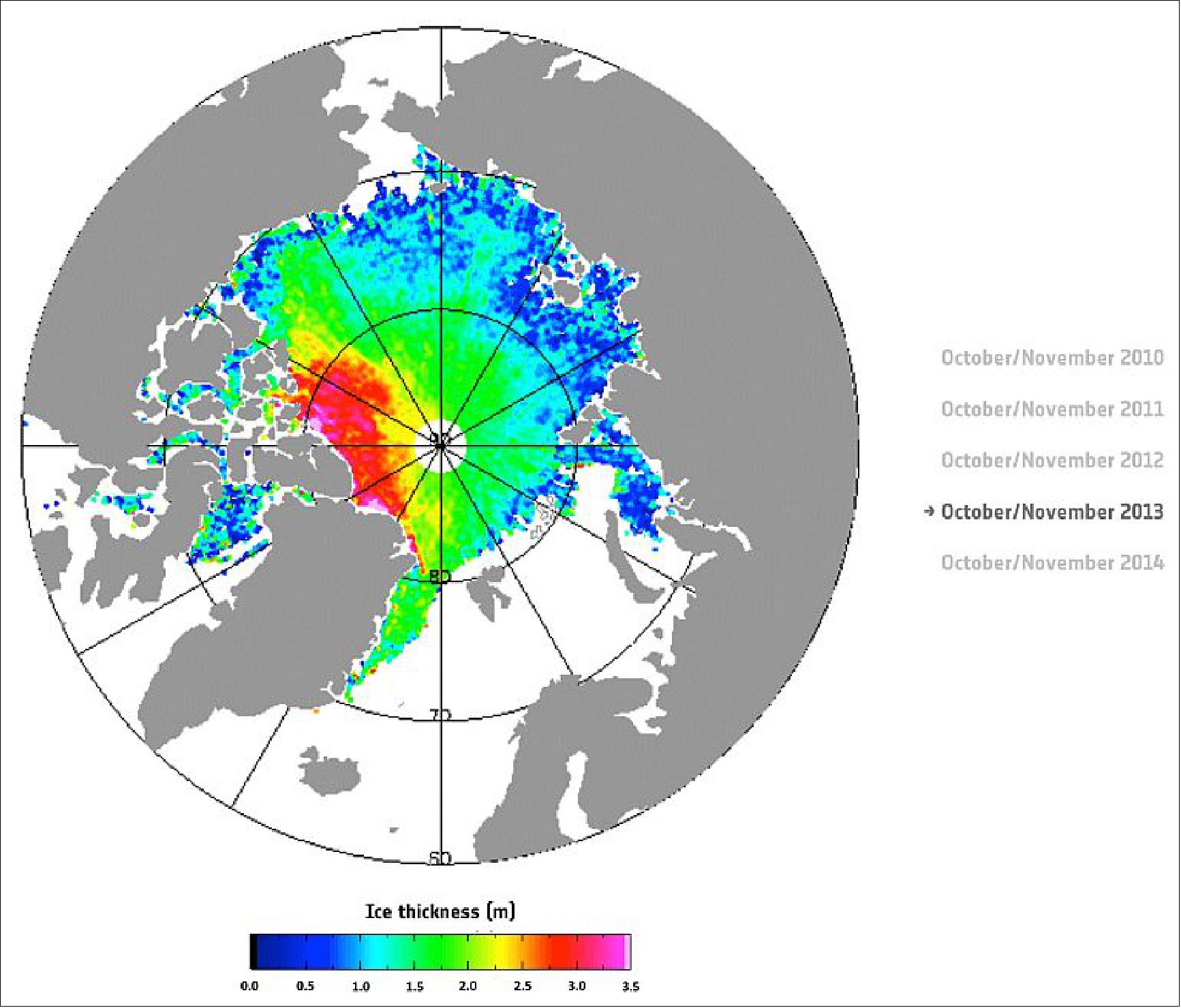 Figure 72: Five years of ice-thickness change in the Arctic (image credit: ESA, CPOM)