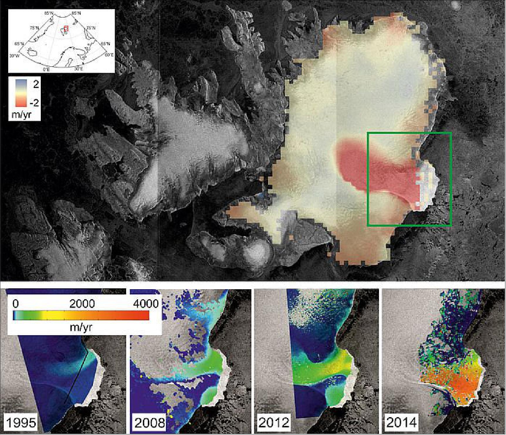 Figure 71: The satellites CryoSat-2 and Sentinel-1A Catch Austfonna shedding ice (image credit: CPOM, GRL)