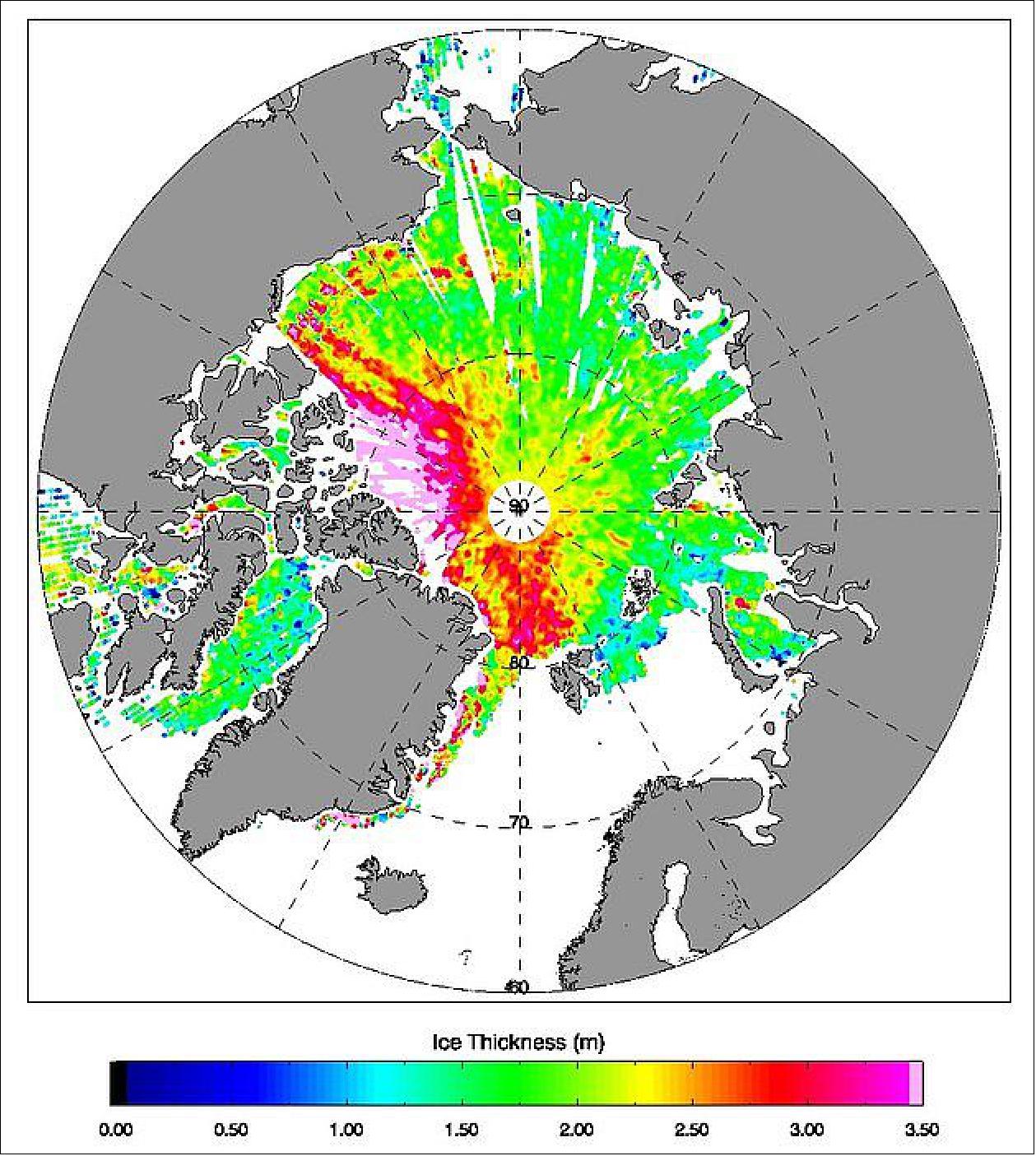 Figure 69: This image demonstrates the latest 28-day (18 March to 14 April 2015) Arctic sea-ice thickness measurements from CryoSat-2. The interactive map of CPOM allows users to zoom in on various regions of the Arctic for a closer look at ice thickness(Ref. 78), image credit: ESA, CPOM