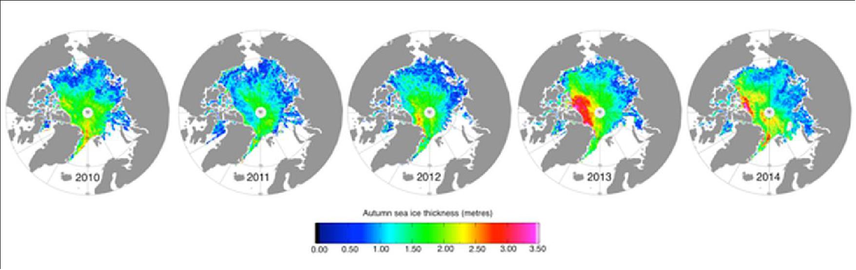 Figure 66: Changes in autumn Arctic sea-ice observed by CryoSat-2 during the period 2010-2014 (image credit: UCL/CPOM/University of Leeds)