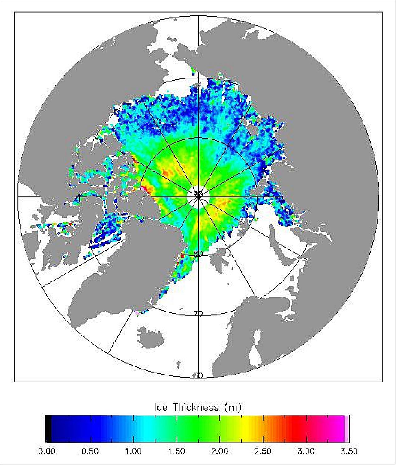 Figure 65: Arctic sea-ice thickness in October–November 2015 as measured by ESA’s CryoSat-2 mission (image credit: ESA/CPOM)