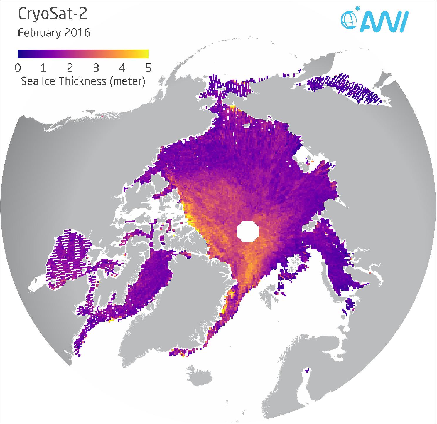 Figure 64: Plot of the CryoSat-2 sea ice thickness data for February 2016 (image credit: AWI, Stefan Hendricks)