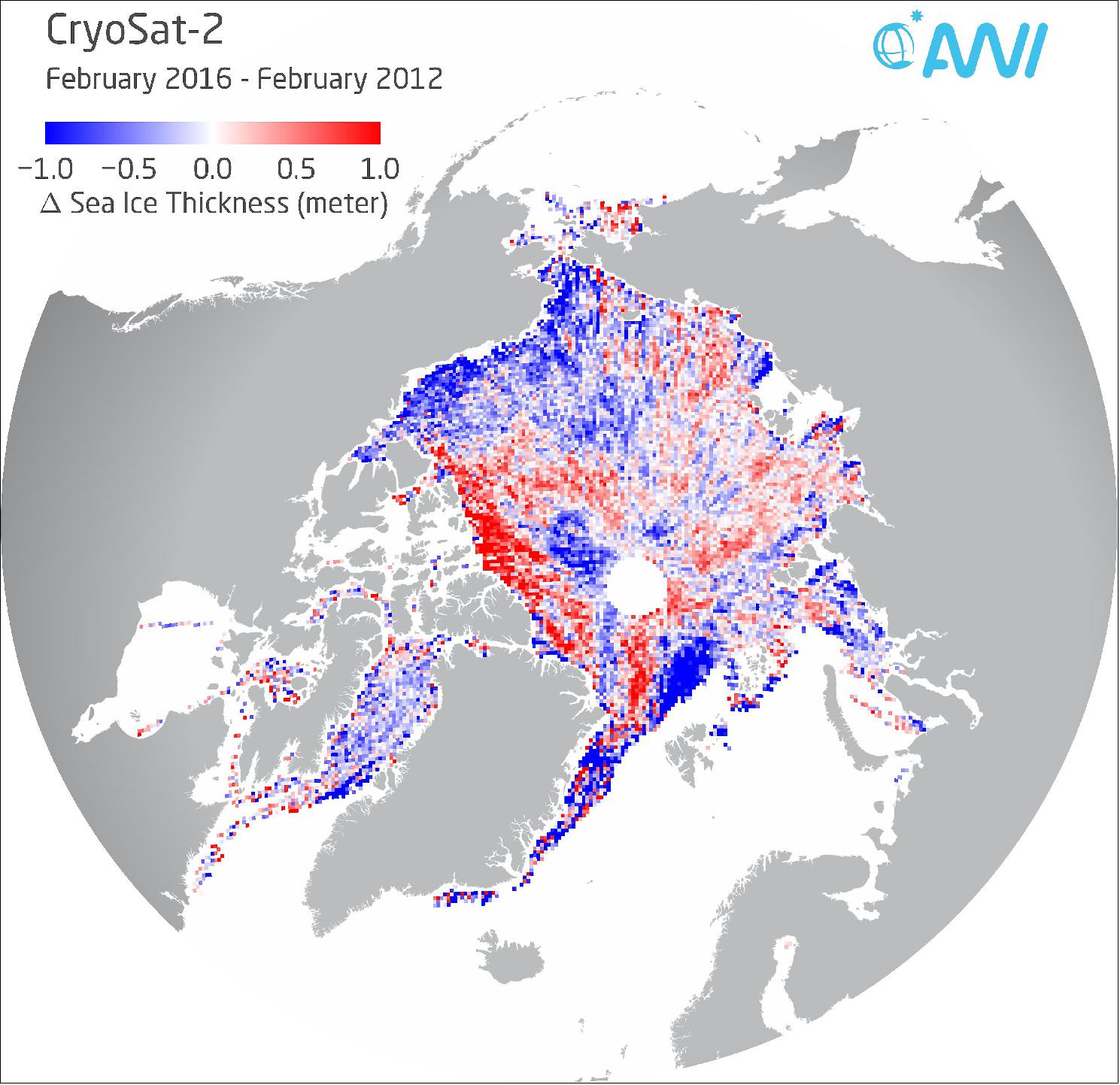 Figure 63: This map shows in which regions the Arctic sea ice in Feb. 2016 was thinner (blue) or thicker than in Feb. 2012 (image credit: AWI, Stefan Hendricks)