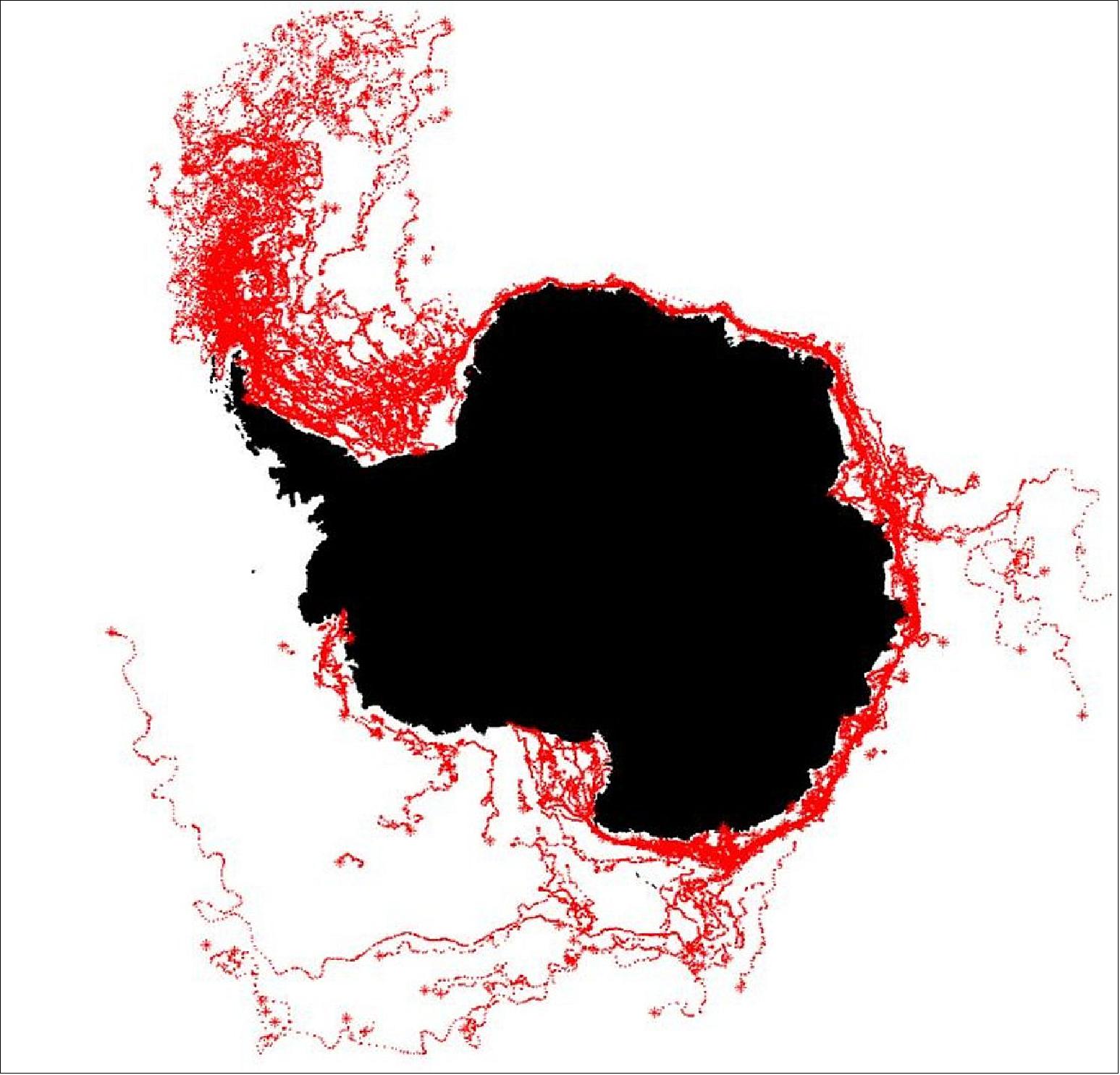 Figure 51: Six different satellite scatterometers are used to track icebergs around Antarctica. The image shows iceberg tracks from 1999 to 2010 (image credit: Scatterometer Climate Record Pathfinder) 59)