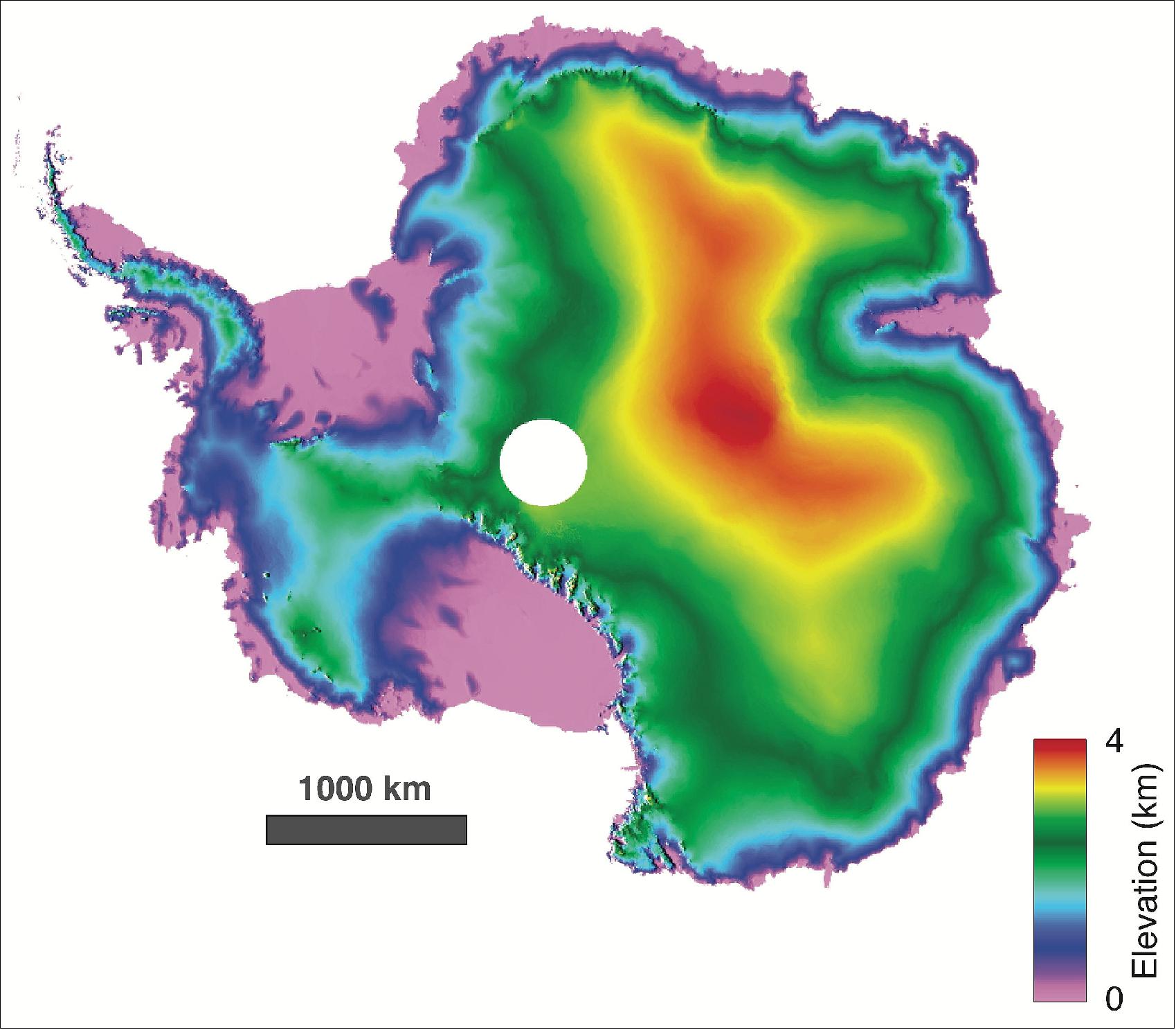 Figure 41: Antarctica detailed in 3D. A technique called 'swath processing' takes the data to a new level. Scientists have used CryoSat-2's novel ‘interferometric mode' to produce whole swaths of data and in much finer detail and faster than is gained by conventional radar altimetry. The usual spatial resolution of a few kilometers has been improved to less than 1 km (image credit: University of Edinburgh)
