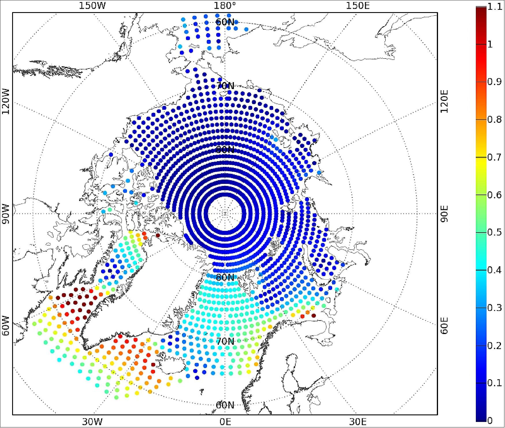 Figure 40: Amplitude of the main tidal component in the Arctic Ocean. Amplitude (in m) of the main semi-diurnal tidal component (M2) estimated from satellite altimetry observations. Altimetry observations projected on a 1º x 3º grid in the Arctic Ocean to retrieve the ocean tide information. The data assimilation was performed using satellite altimetry observations from the Envisat and CryoSat-2 missions processed by DTU Space in order to estimate the ocean tides from the altimeter sea surface height (image credit: DTU Space/NOVELTIS)