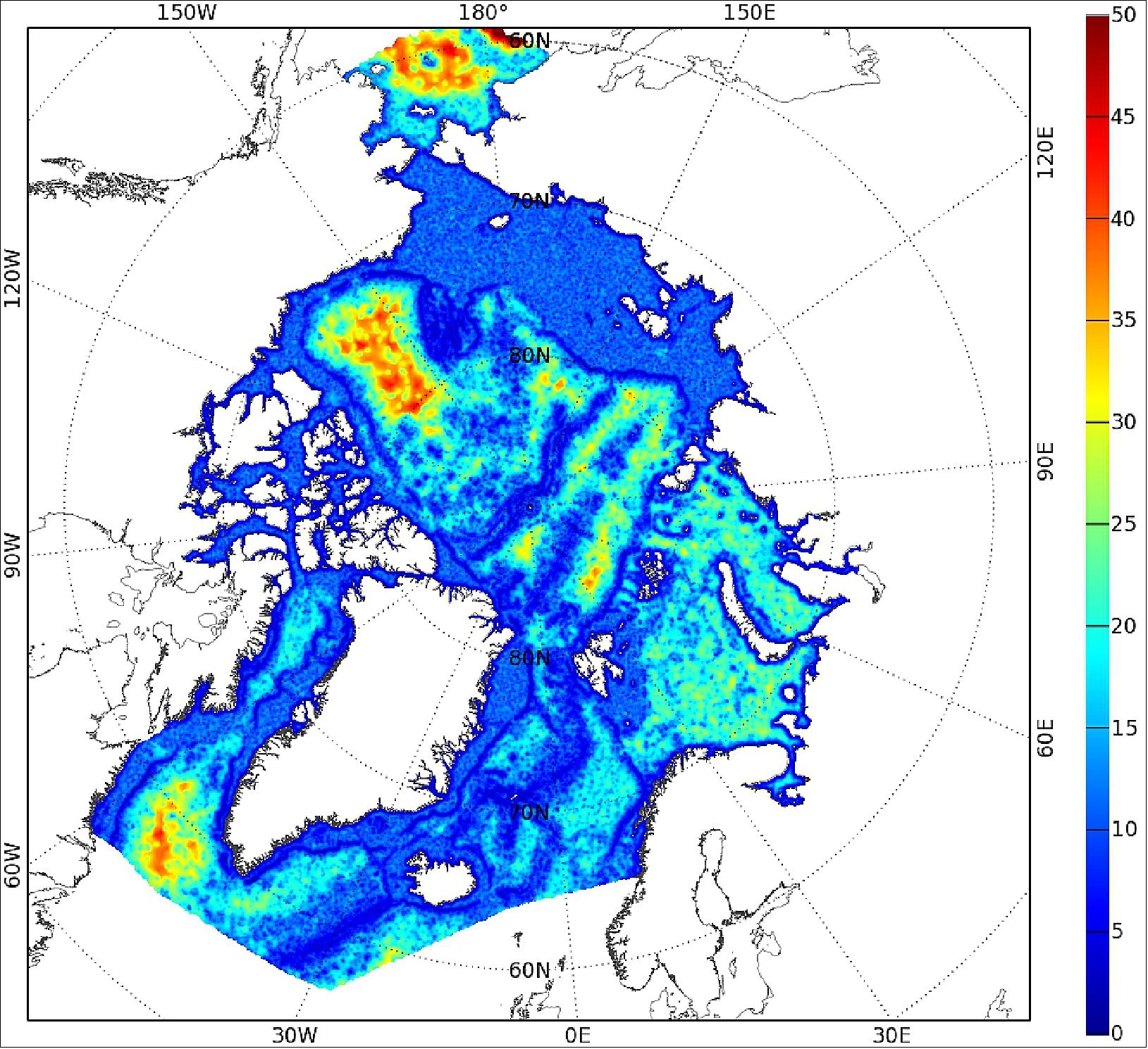 Figure 39: High-resolution tidal modelling. Resolution (in km) of the non-regular grid of the Arctide2017 regional tidal model. The grid of the model was specifically refined in the regions where the tides are more complex, in order to obtain a more reliable estimate (image credit: NOVELTIS)