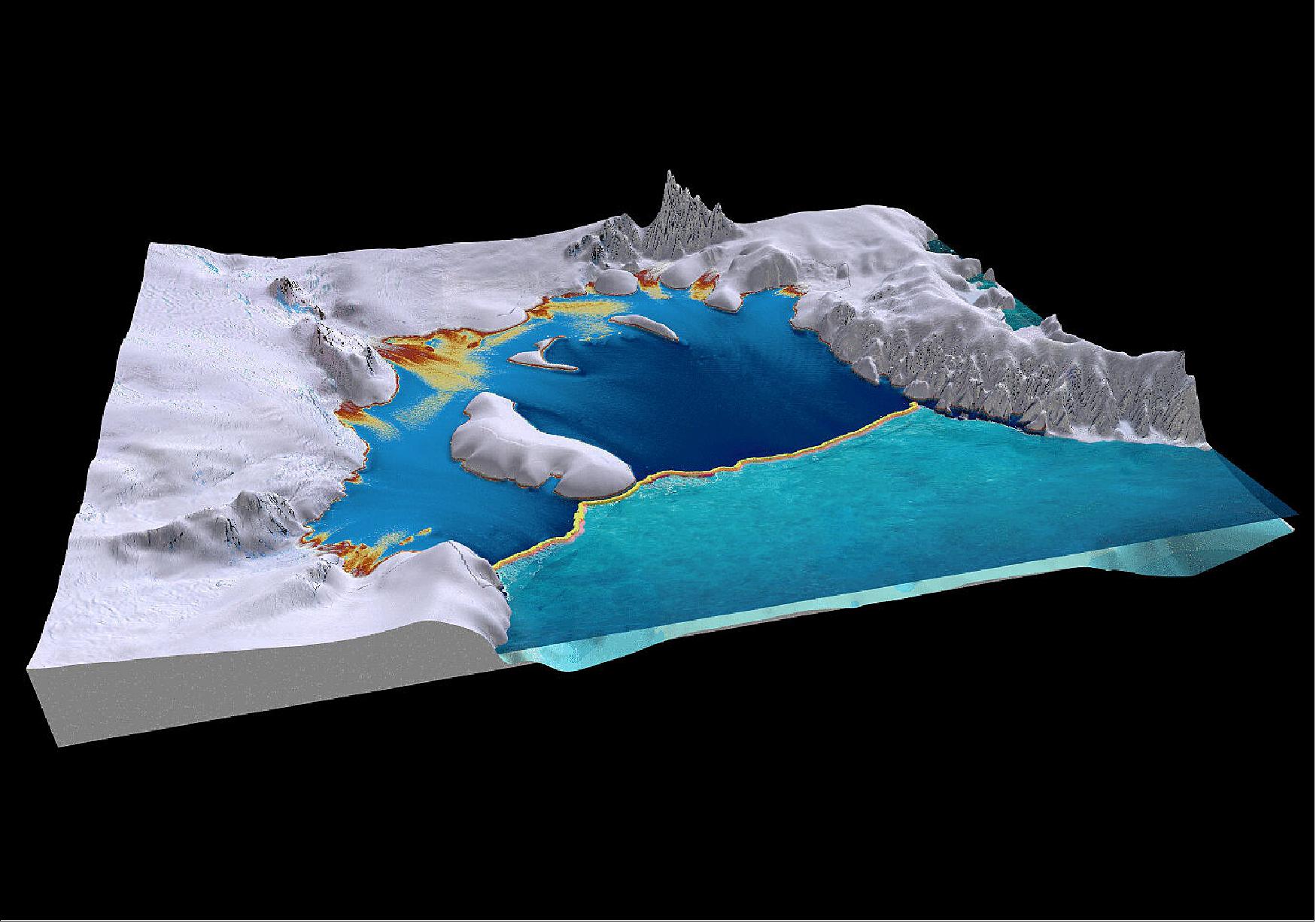 Figure 33: The Filchner-Ronne ice shelf in Antarctica. Applying a new method, called 'elevation edge', to CryoSat-2 data has revealed that the entire Filchner-Ronne ice shelf advanced by more than 800 km2 per year between 2011 and 2018. The growth of the ice shelf was only interrupted by the calving of a 120 km2 iceberg in 2012 and a few smaller-scale events (image credit: ENVEO)